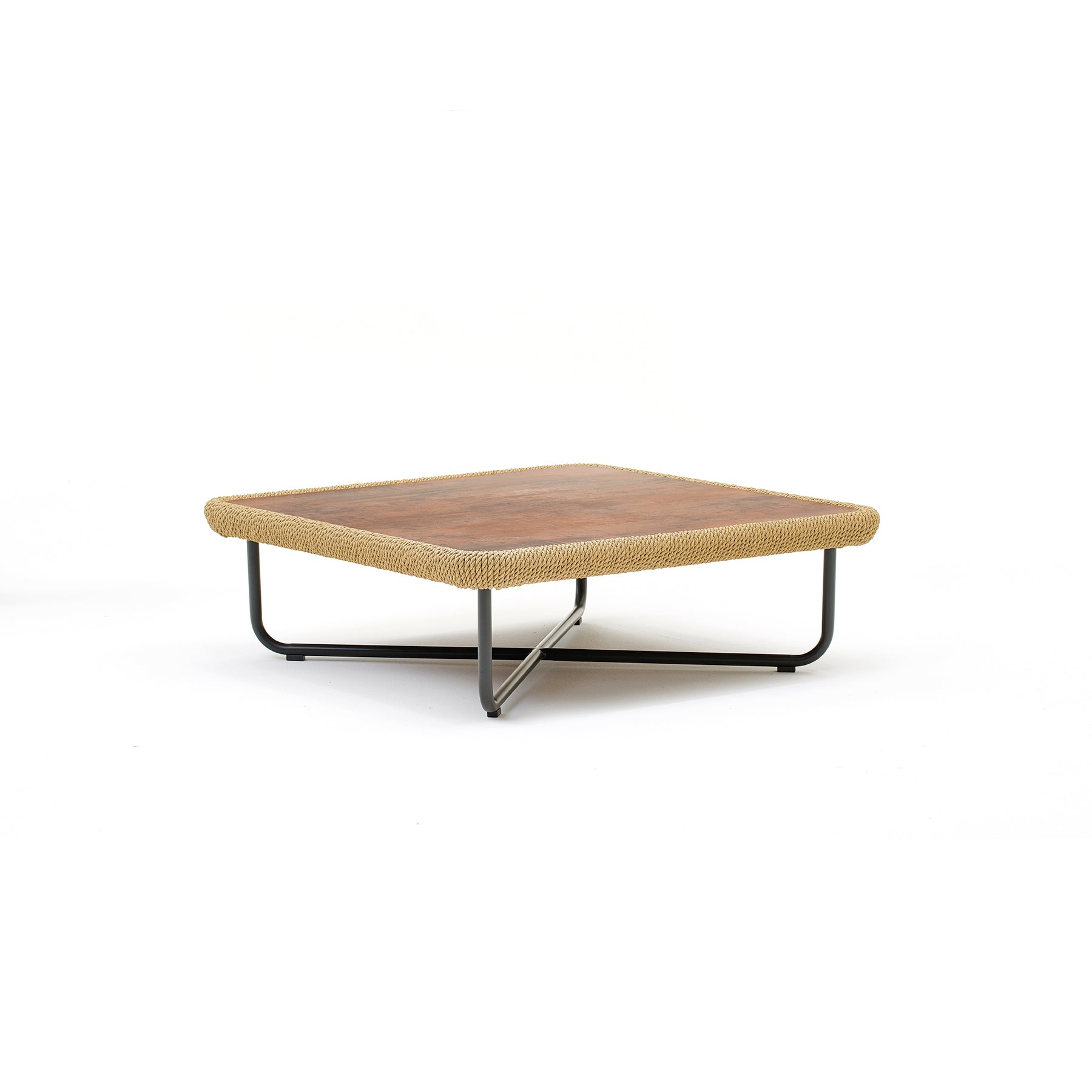 Square wooden coffee table with metal legs on a white background
