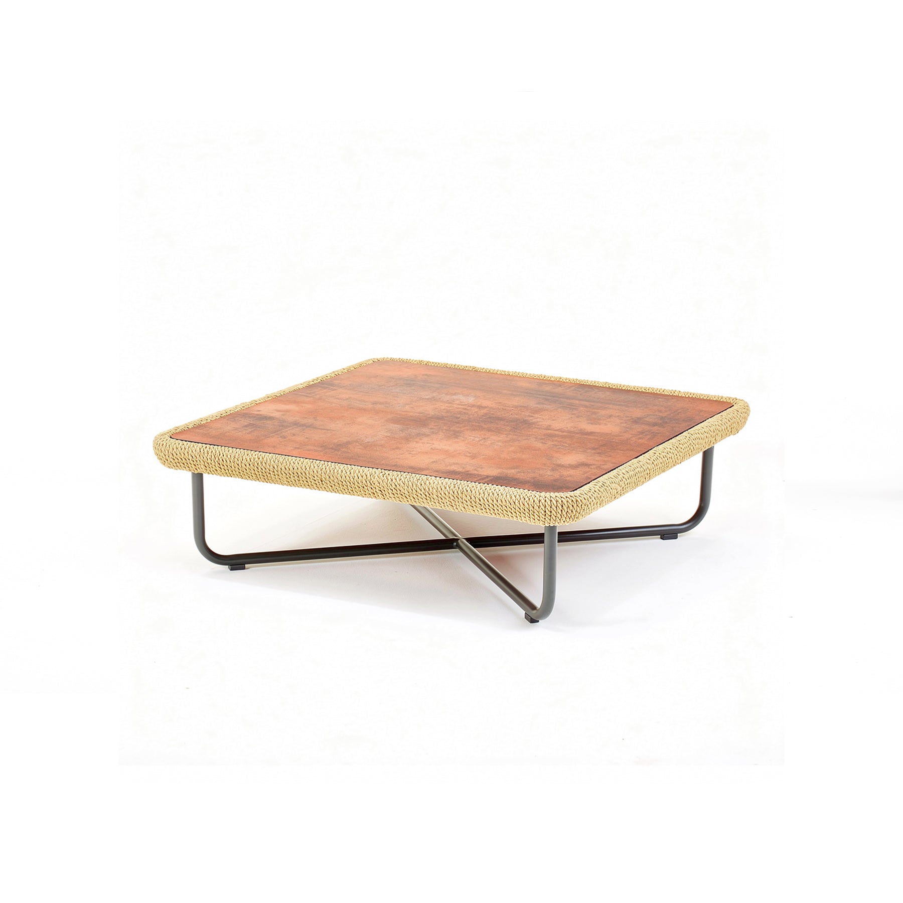 Wooden coffee table with metal legs on a white background