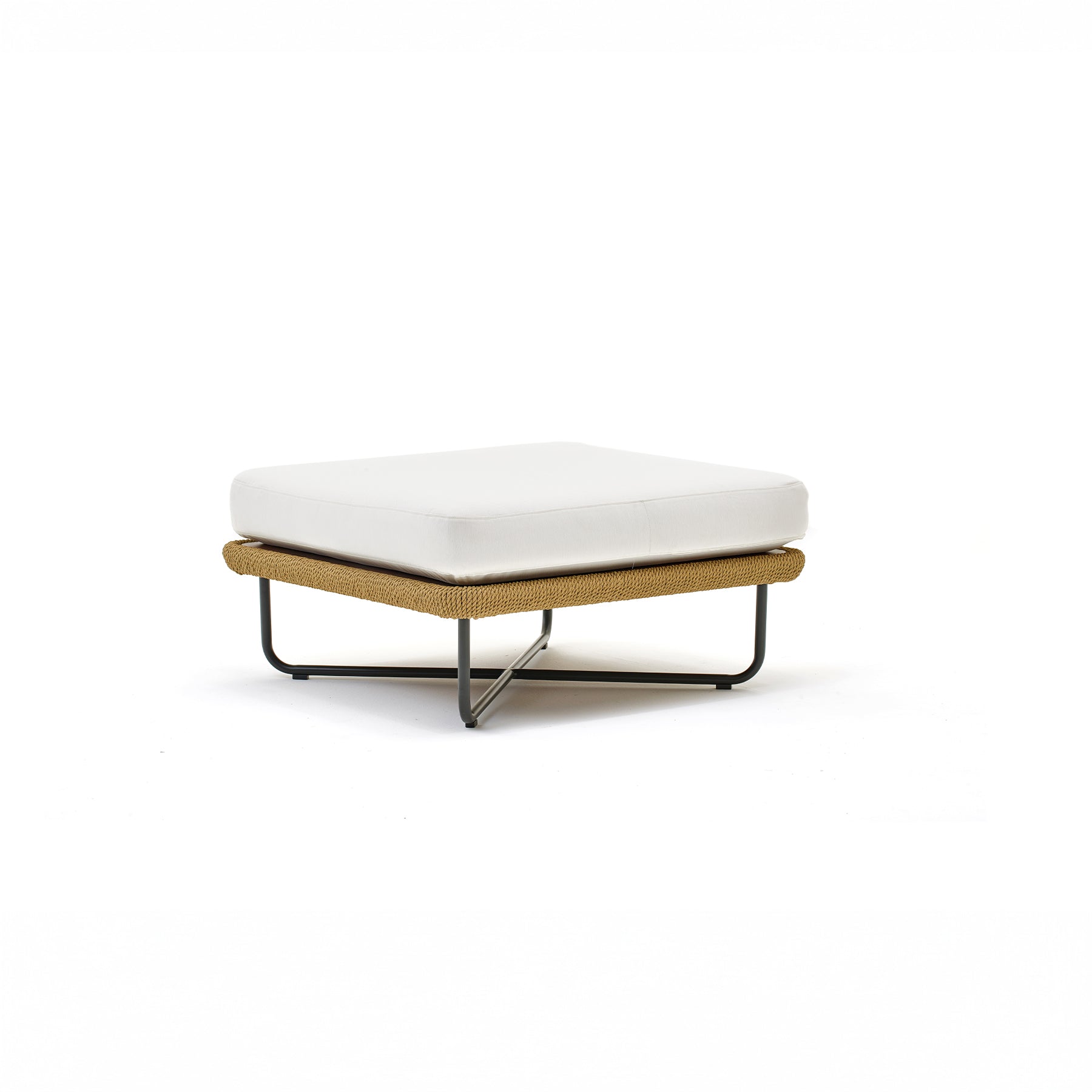 Modern ottoman with white cushion and wooden base on a white background