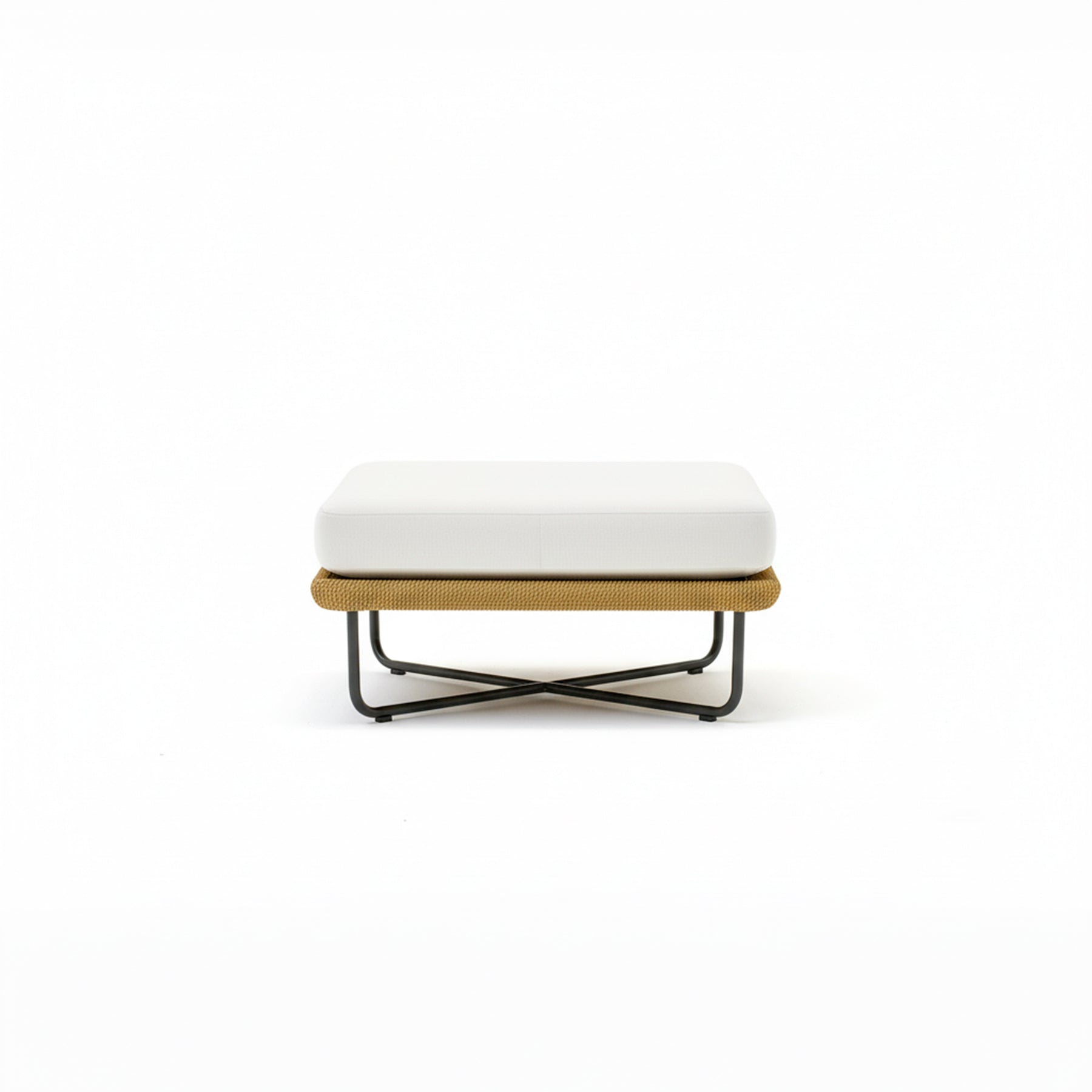 Modern ottoman with white cushion and wooden frame on a white background
