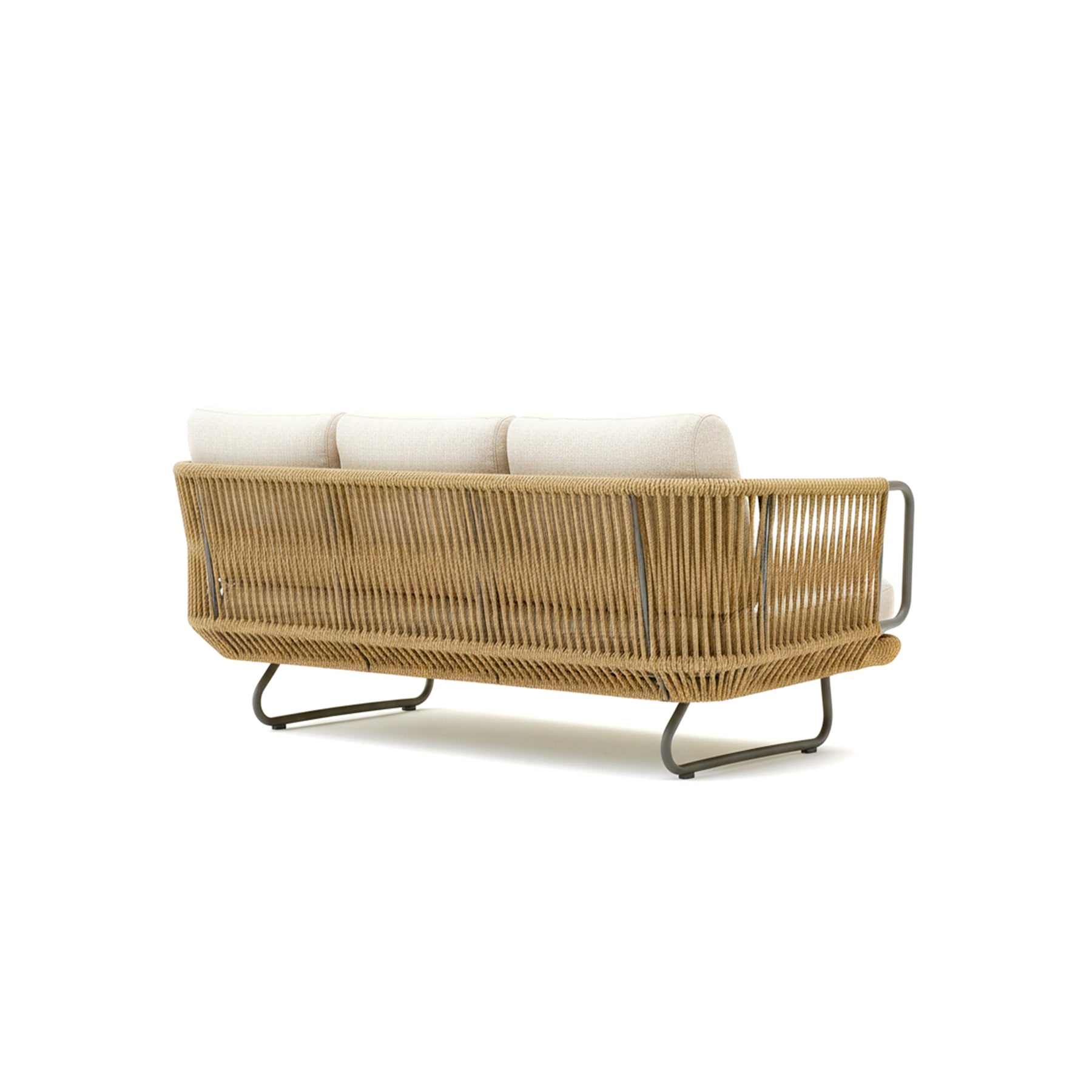 Wicker outdoor sofa with white cushions on a white background