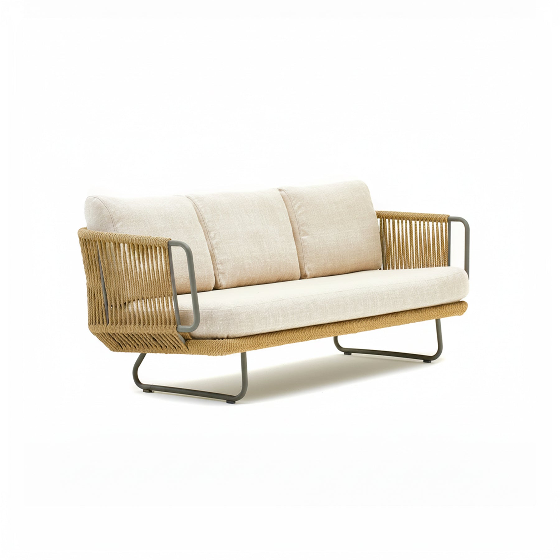 Modern outdoor sofa with wicker frame and beige cushions on a white background