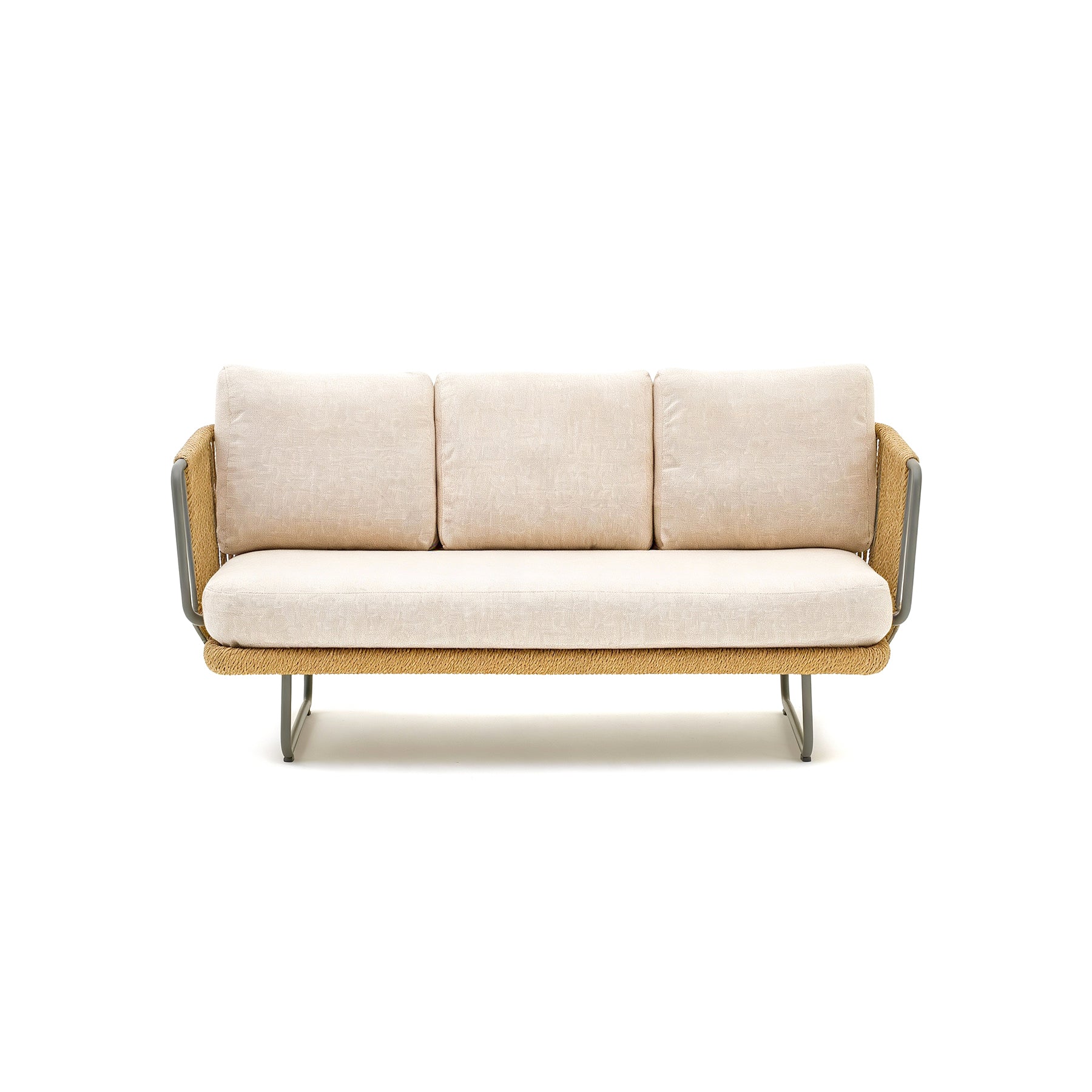 Beige sofa with wooden frame on a white background