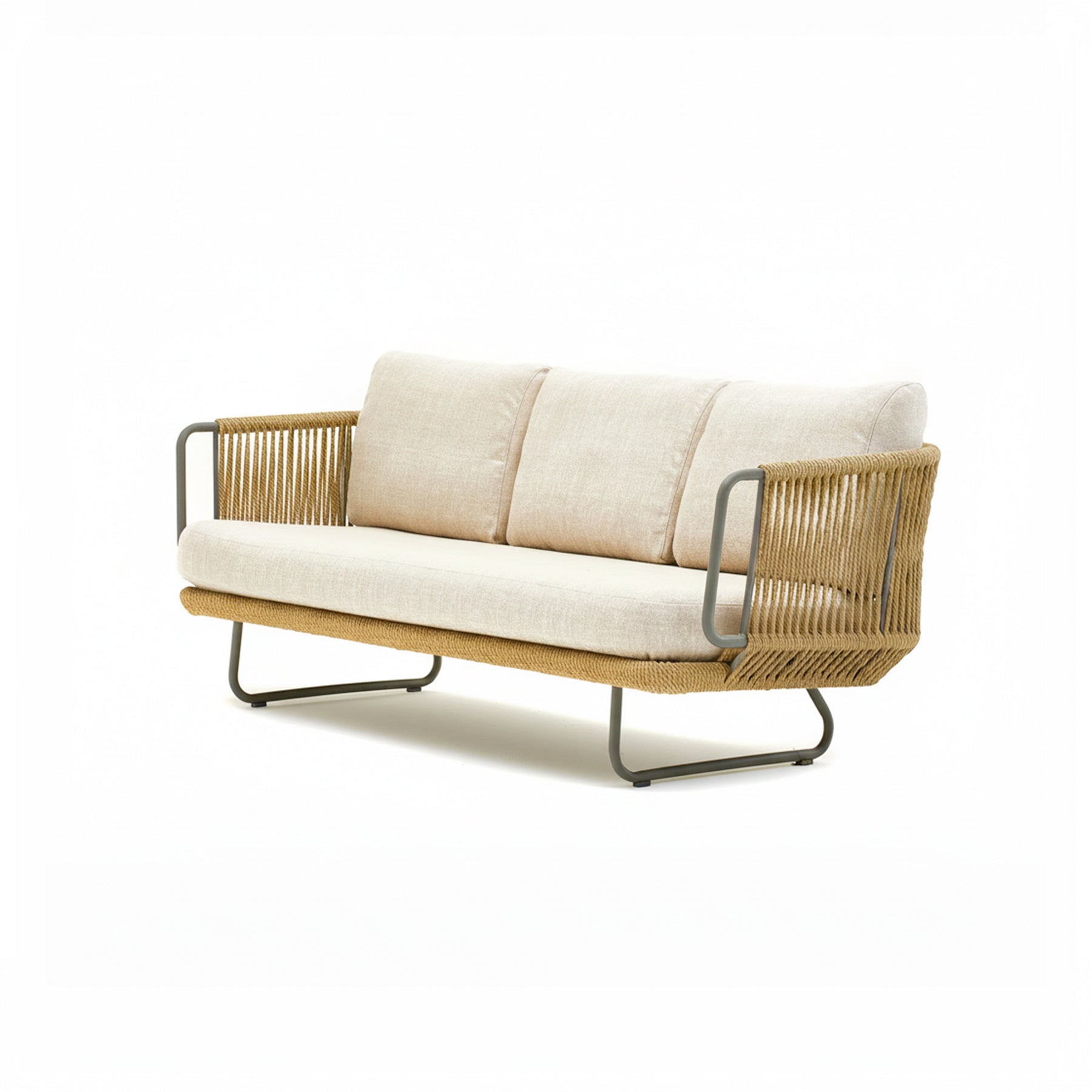Sofa with wicker frame and beige cushions on a white background
