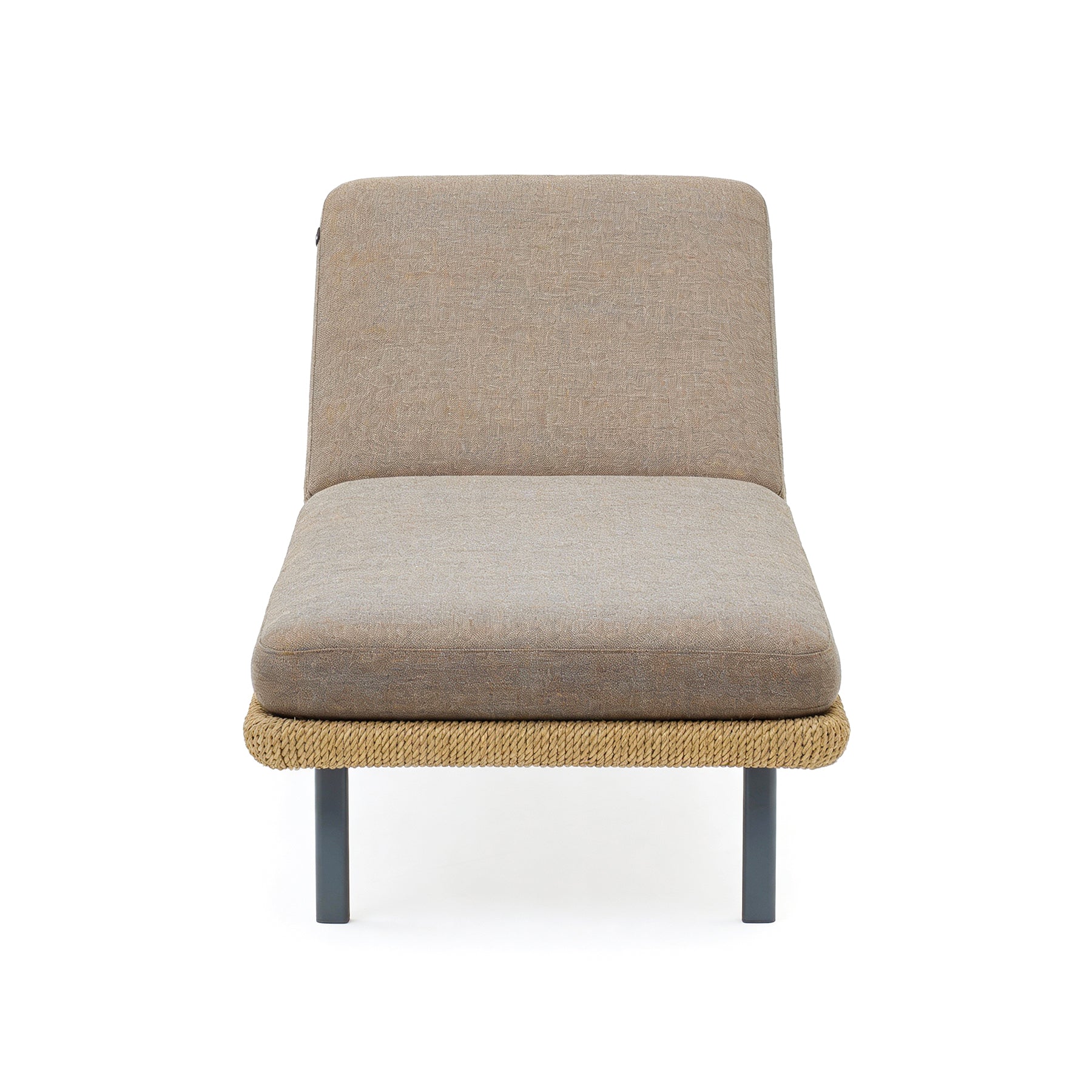 Beige cushioned chair with woven base on a white background