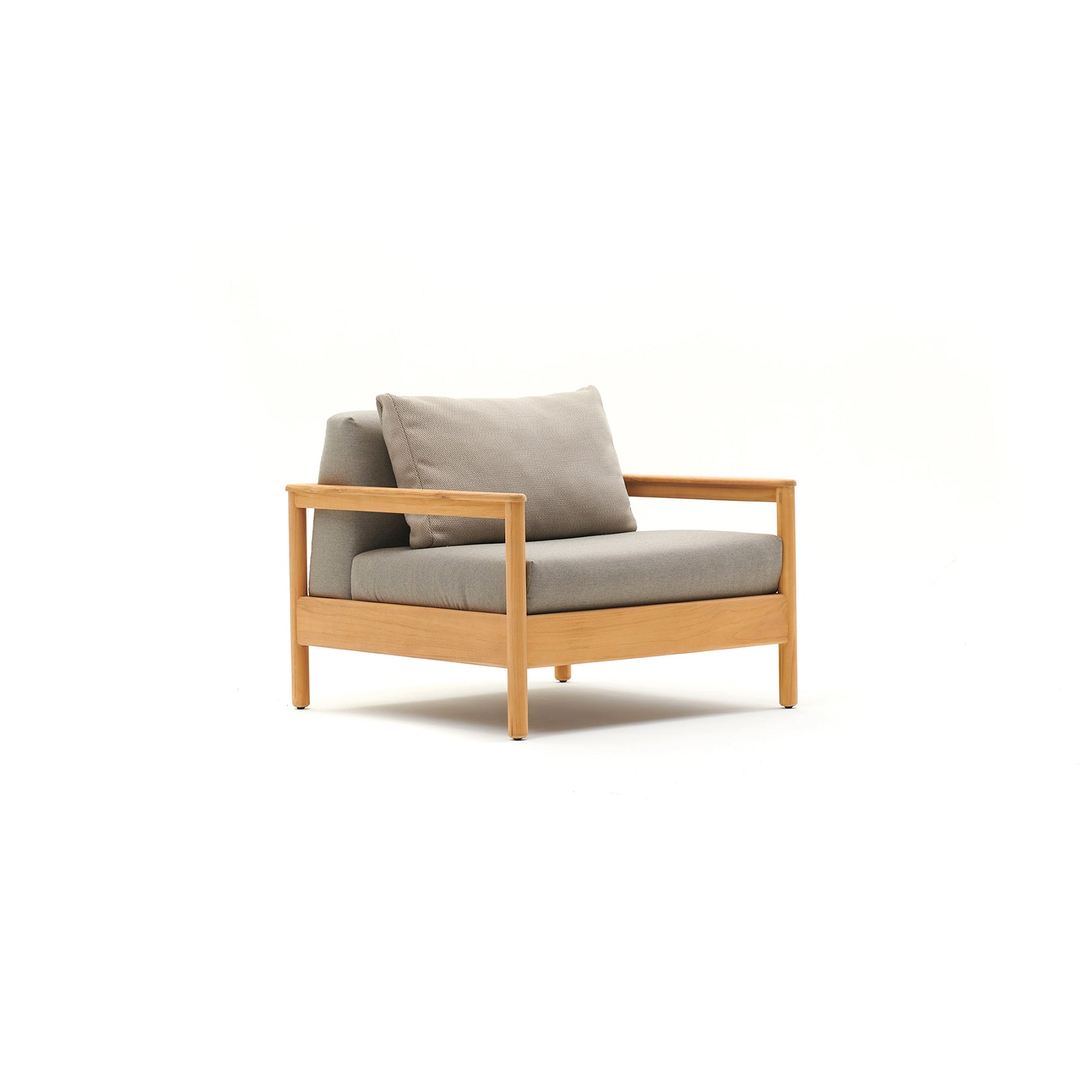 Wooden chair with gray cushions on a white background