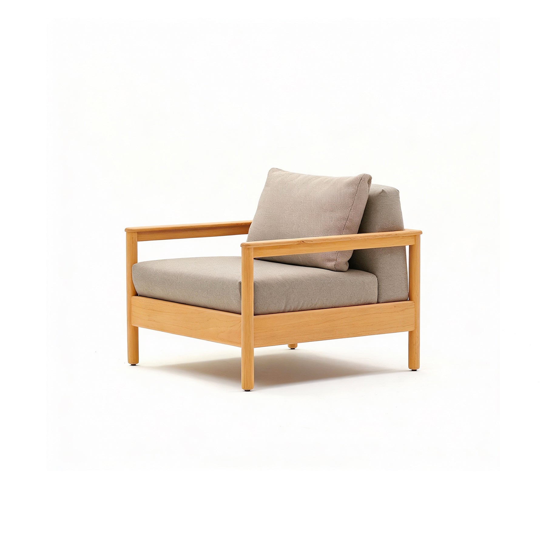 Wooden armchair with gray cushions on a white background
