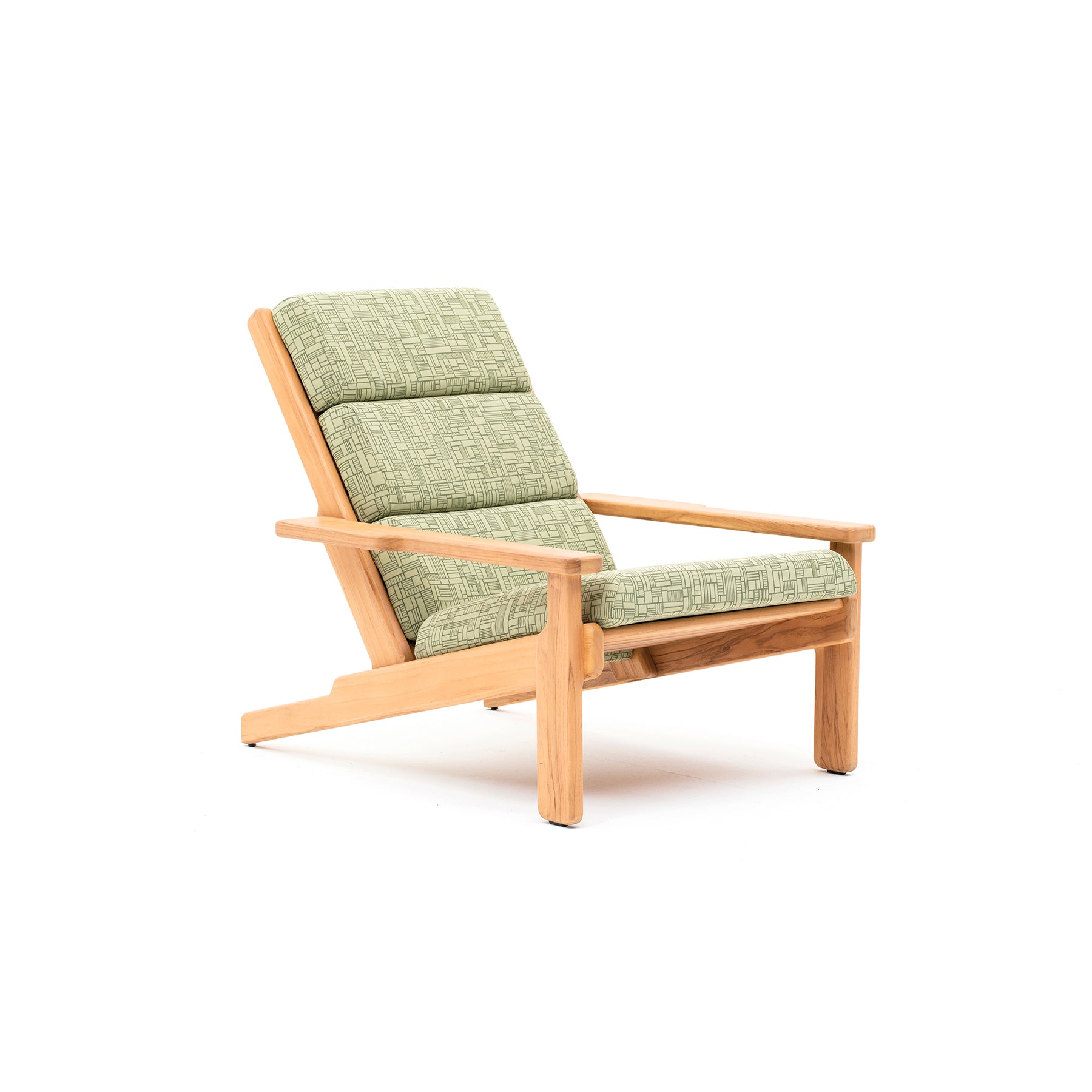 Wooden armchair with green cushions on a white background