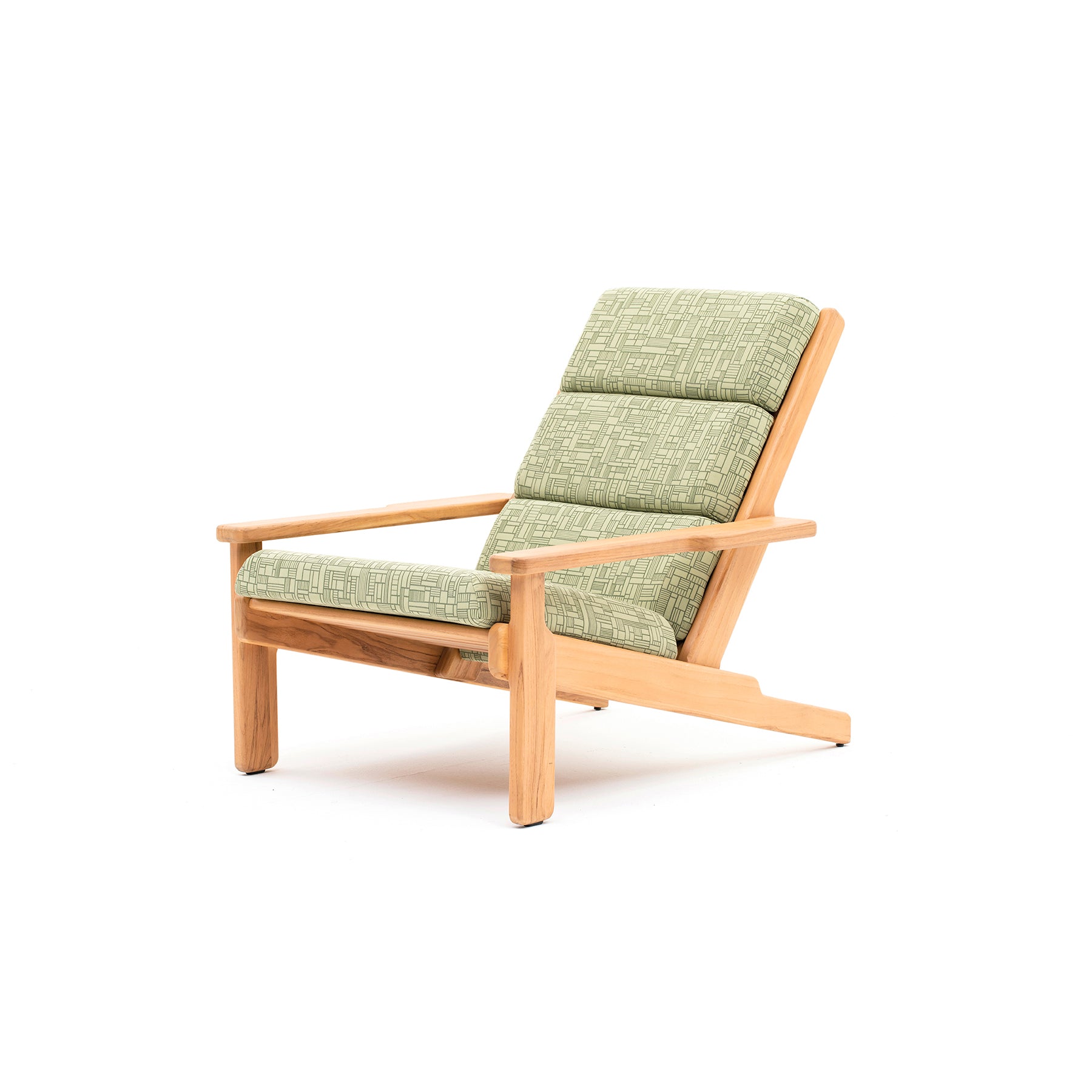 Wooden armchair with green cushions on a white background