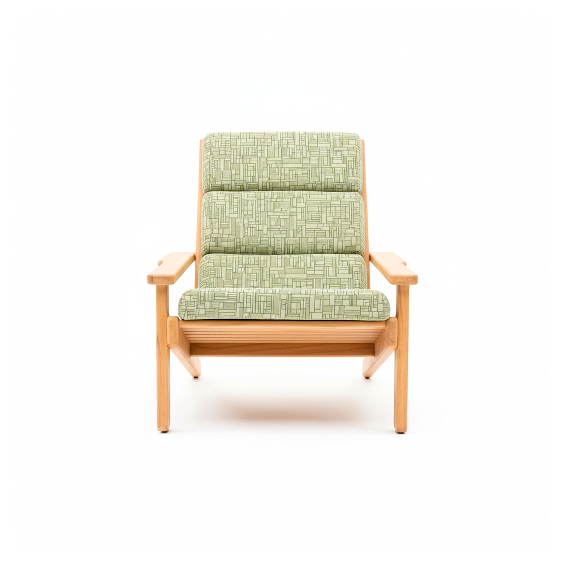 Wooden armchair with green cushions on a white background