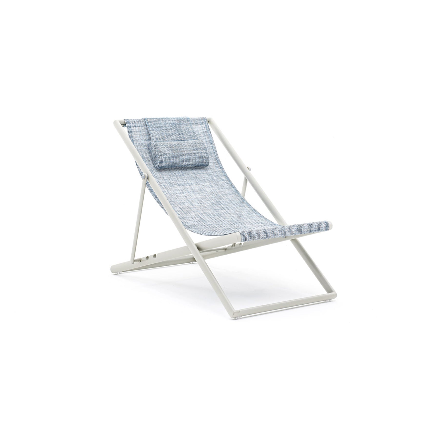 Foldable deck chair with blue fabric on a white background