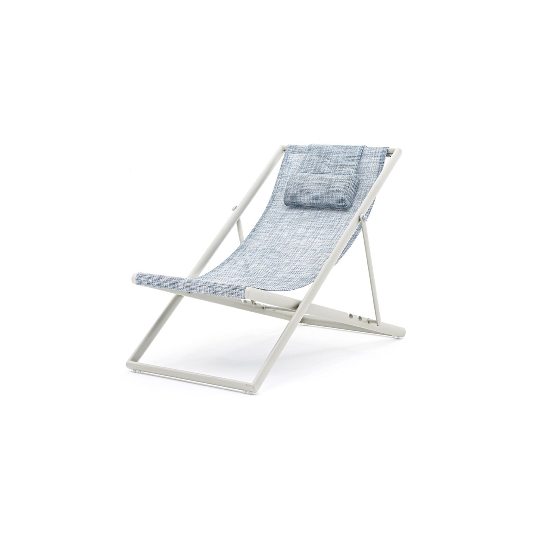 Foldable deck chair with blue mesh seat and white frame on a white background