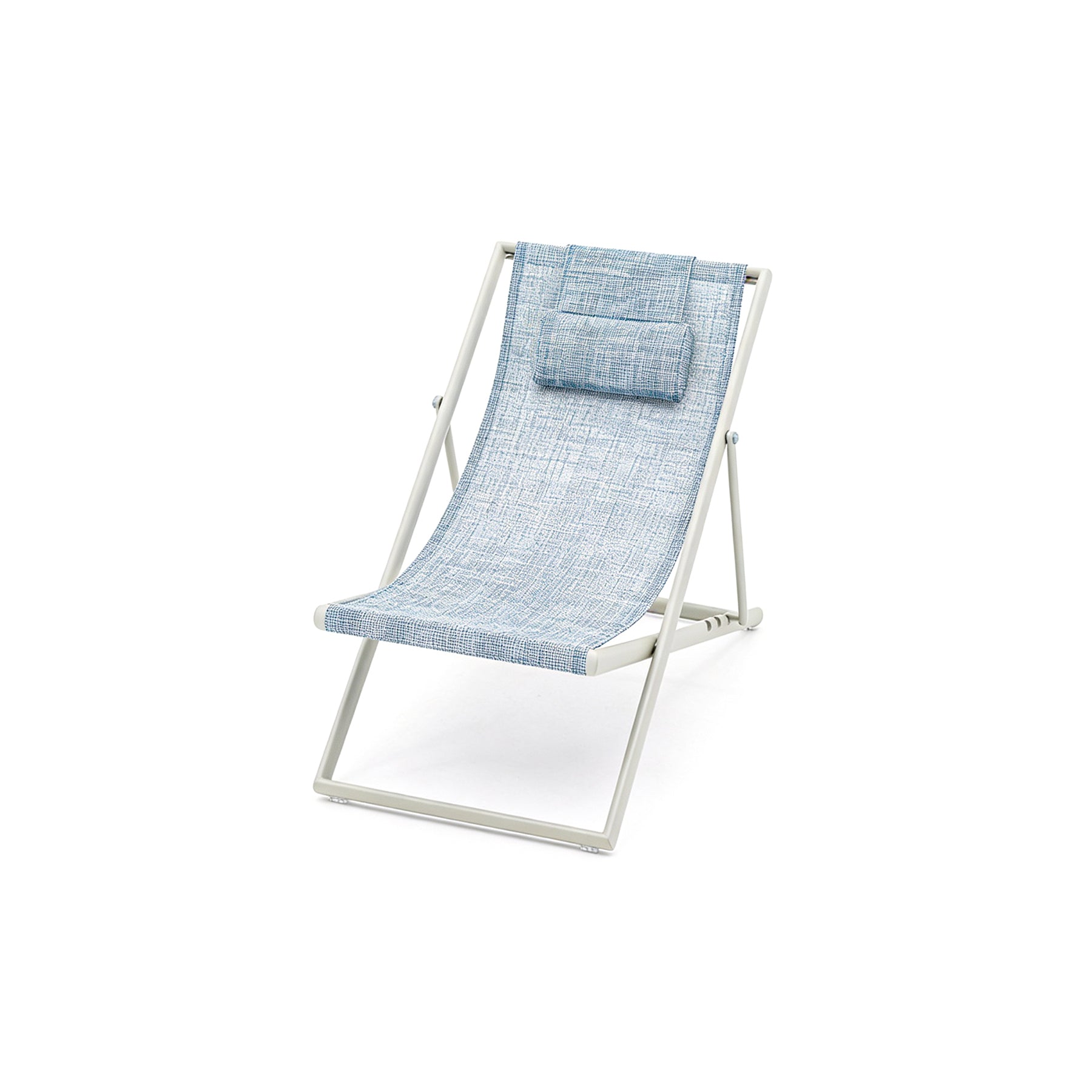 Foldable deck chair with blue fabric seat and white frame on a white background