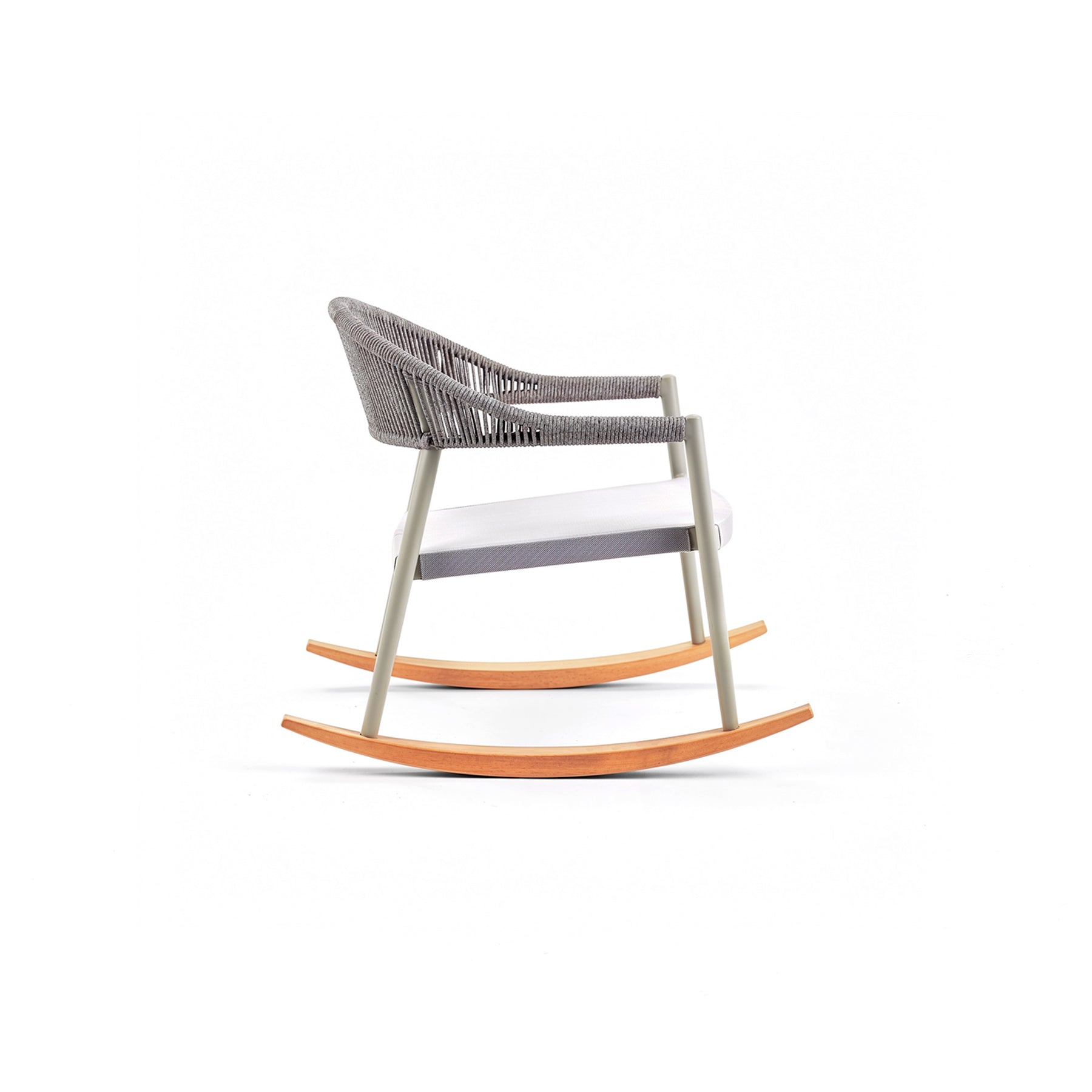 Modern rocking chair with woven backrest and wooden base on a white background