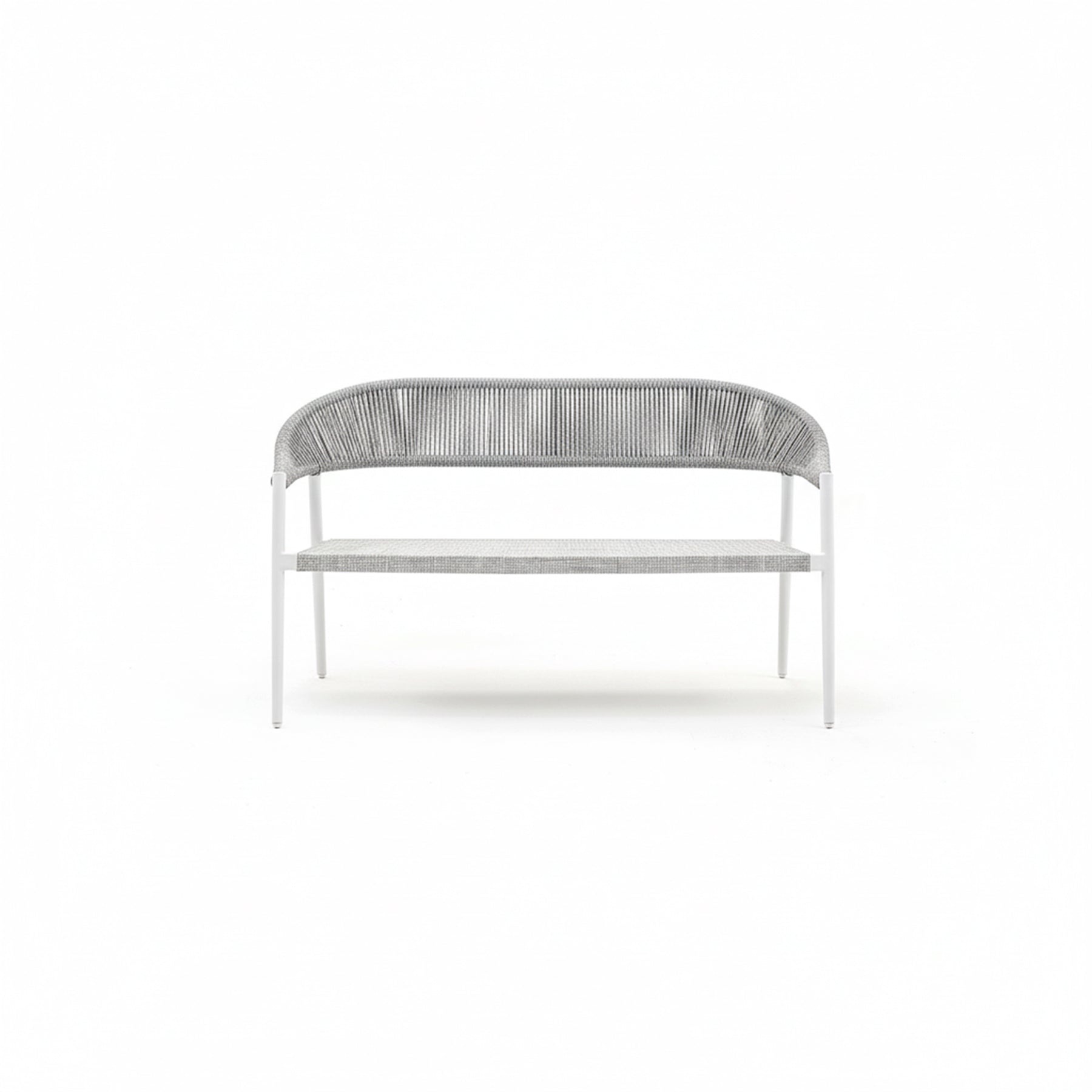 Modern bench with woven backrest on a white background