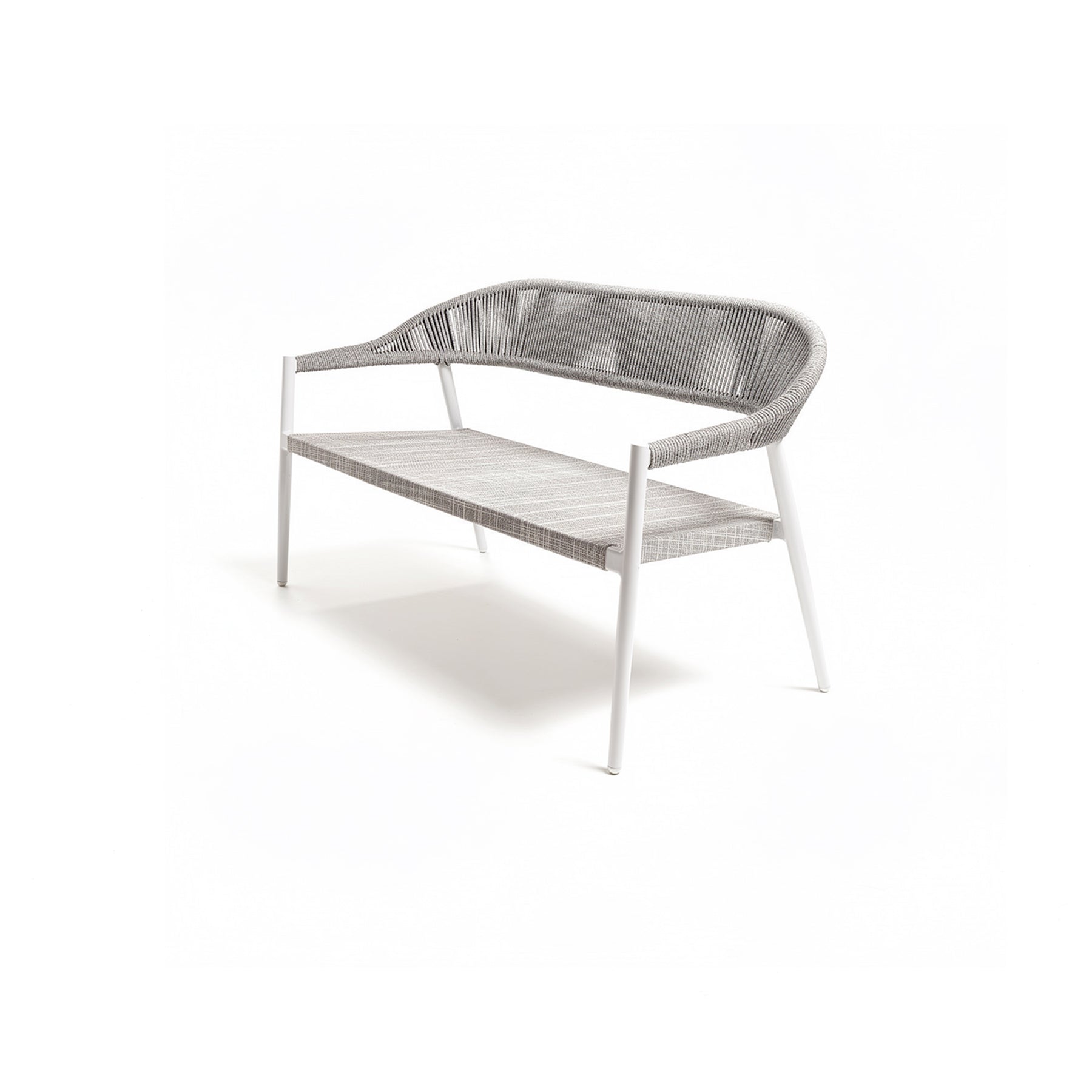 Modern outdoor bench with woven design on a white background