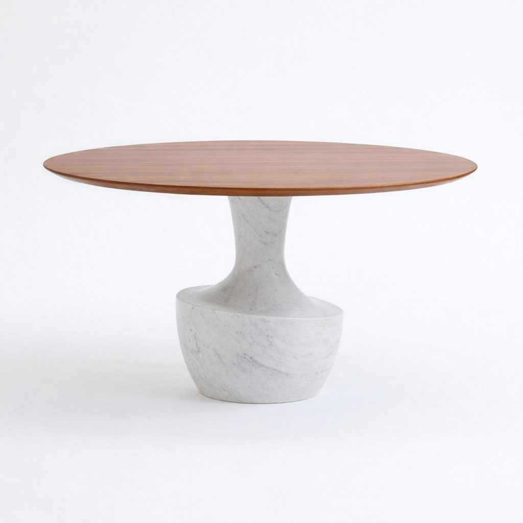 Round table with wooden top and marble base on a white background