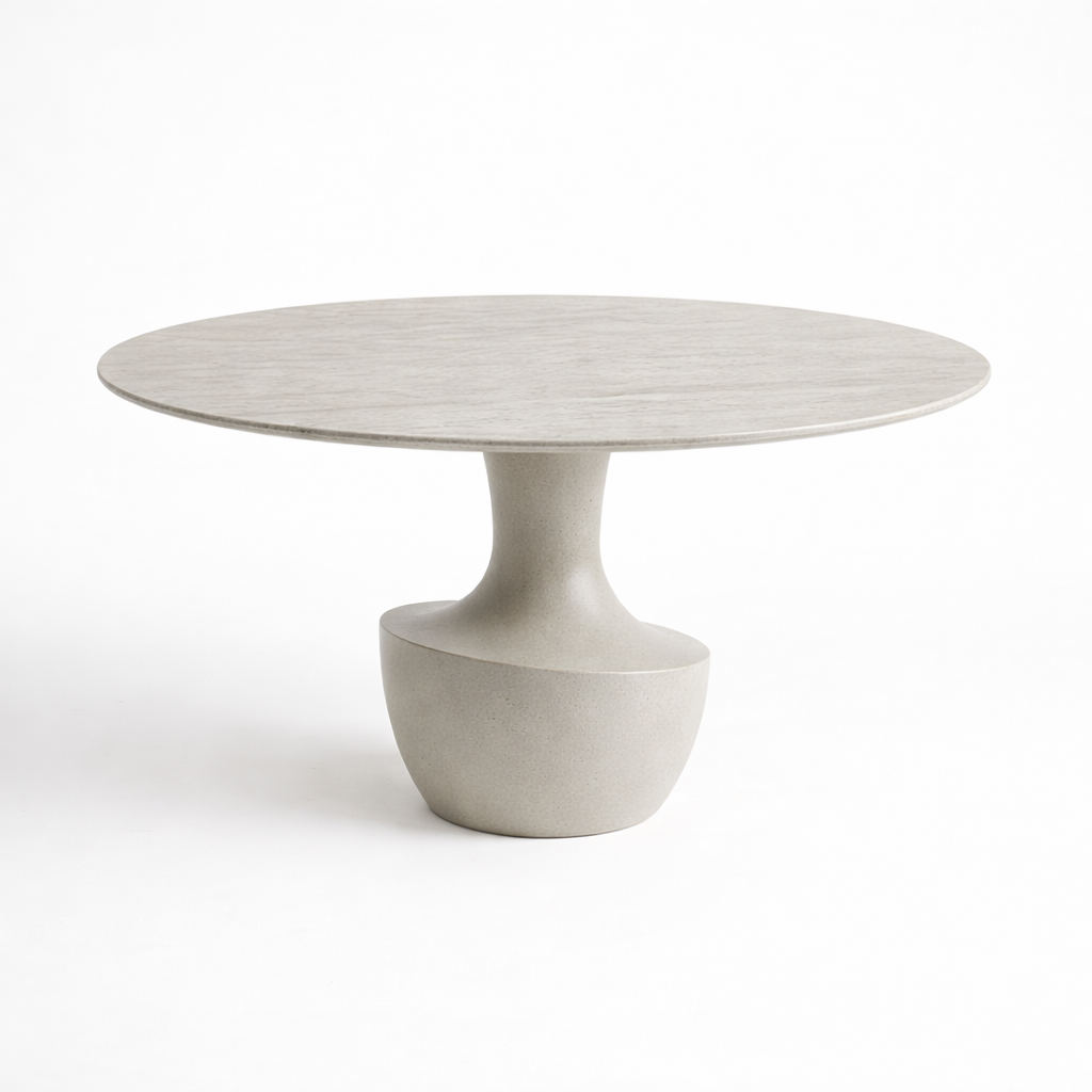 Round concrete table with a pedestal base on a white background