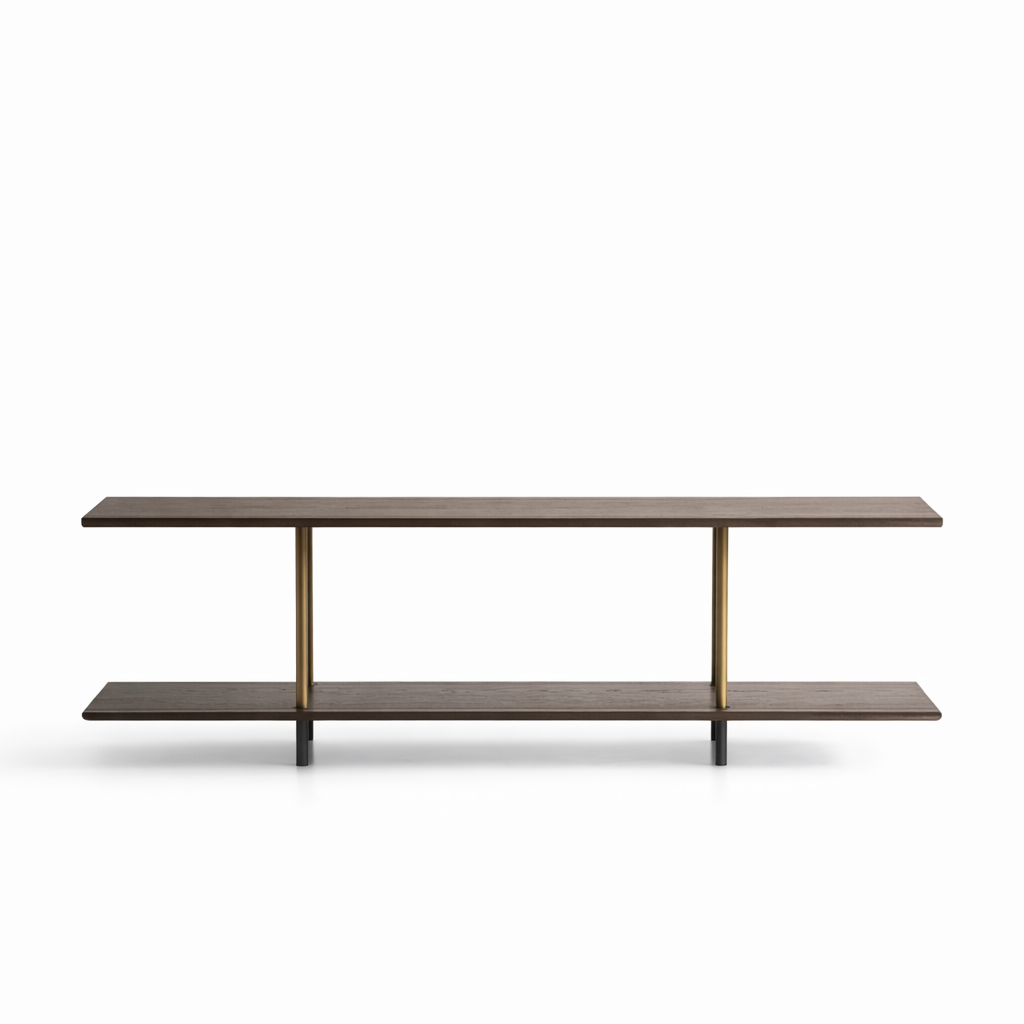 Long wooden table with two shelves on a white background