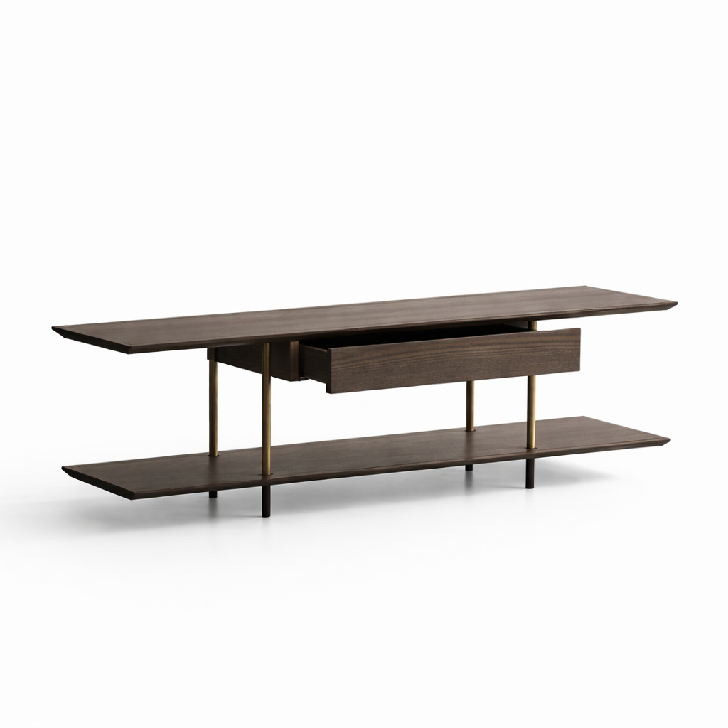 Wooden TV stand with two shelves on a white background