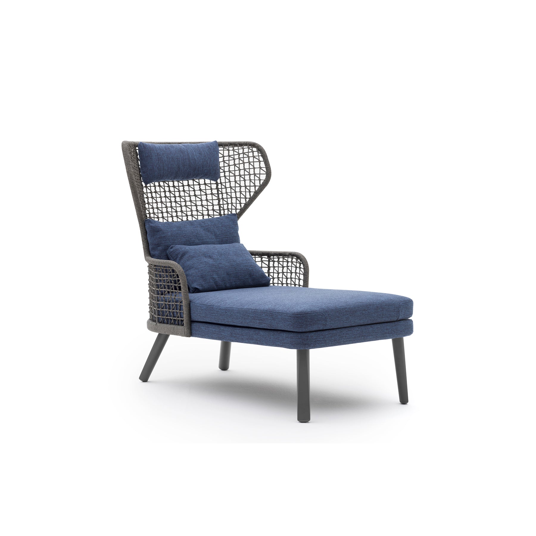 EMMABERGERELONG1 Blue cushioned chair with woven backrest on a white background