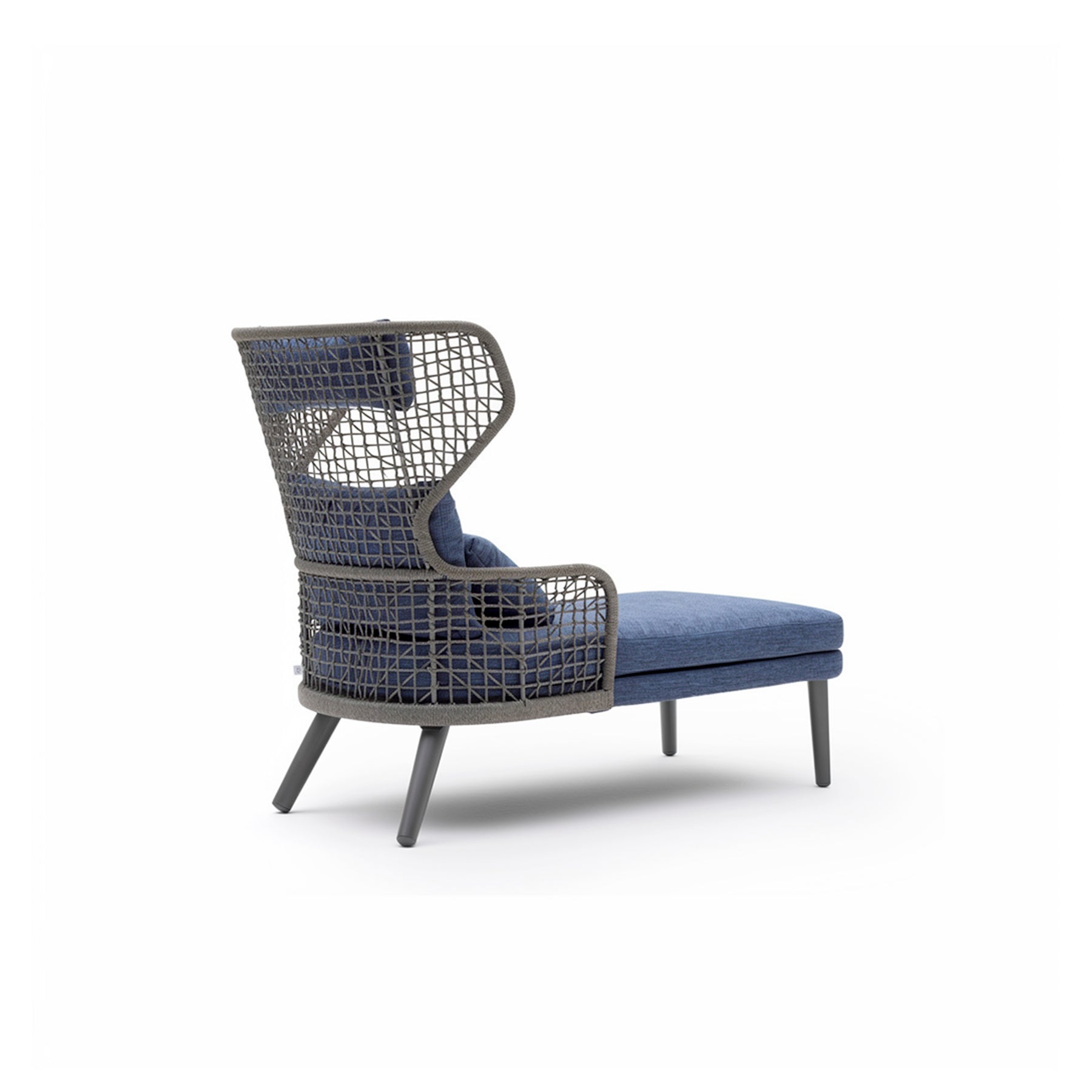 EMMABERGERELONG3 Modern chair with wicker backrest and blue cushion on a white background