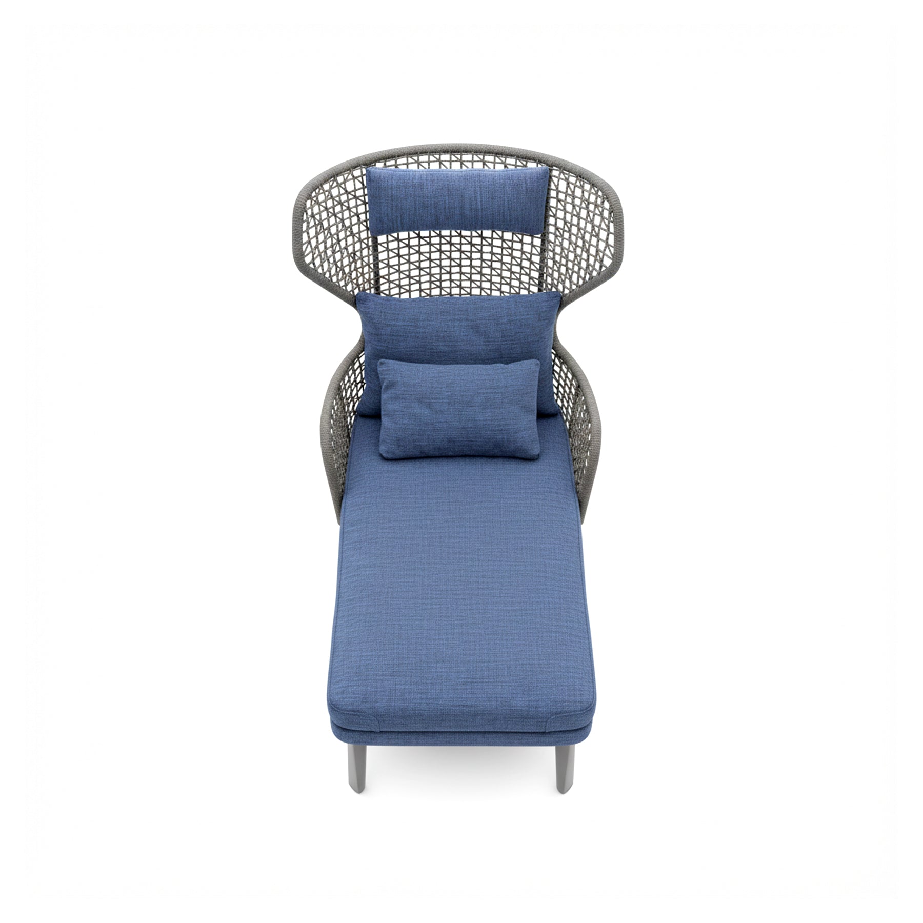 EMMABERGERELONG4 Blue lounge chair with mesh back on a white background