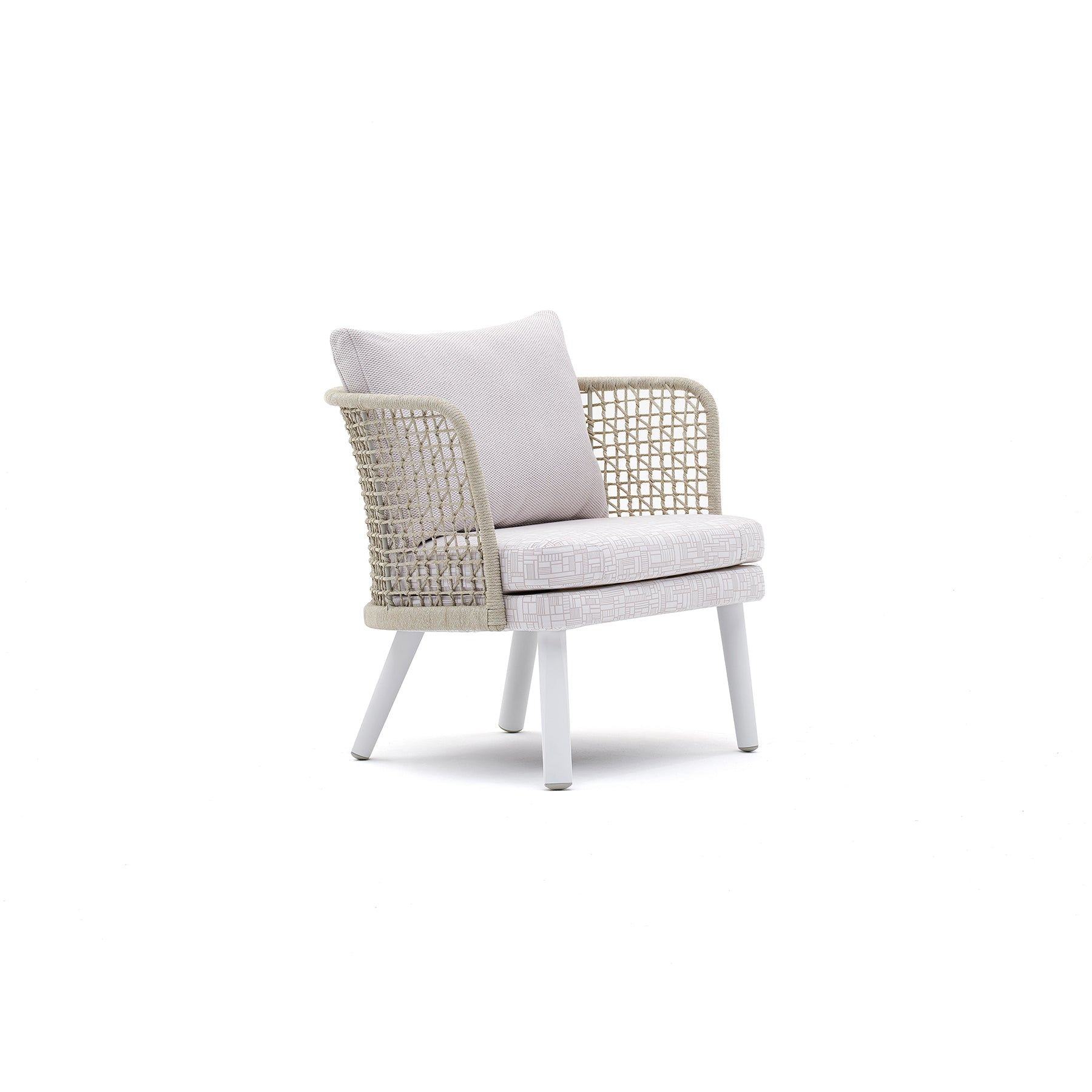 EMMA_ARMCHAIR Wicker chair with white cushion on a white background