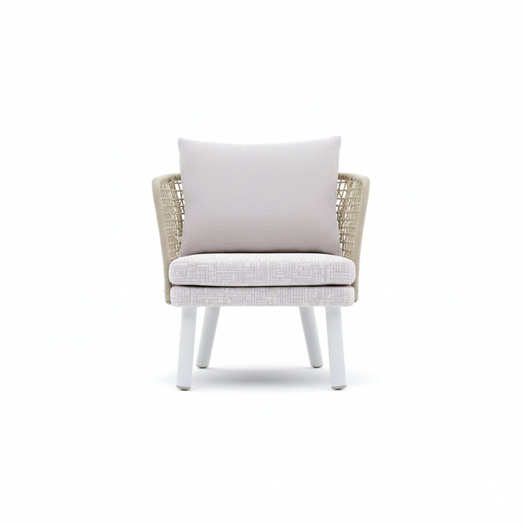 EMMA_ARMCHAIR Chair with wicker frame and white cushion on a white background