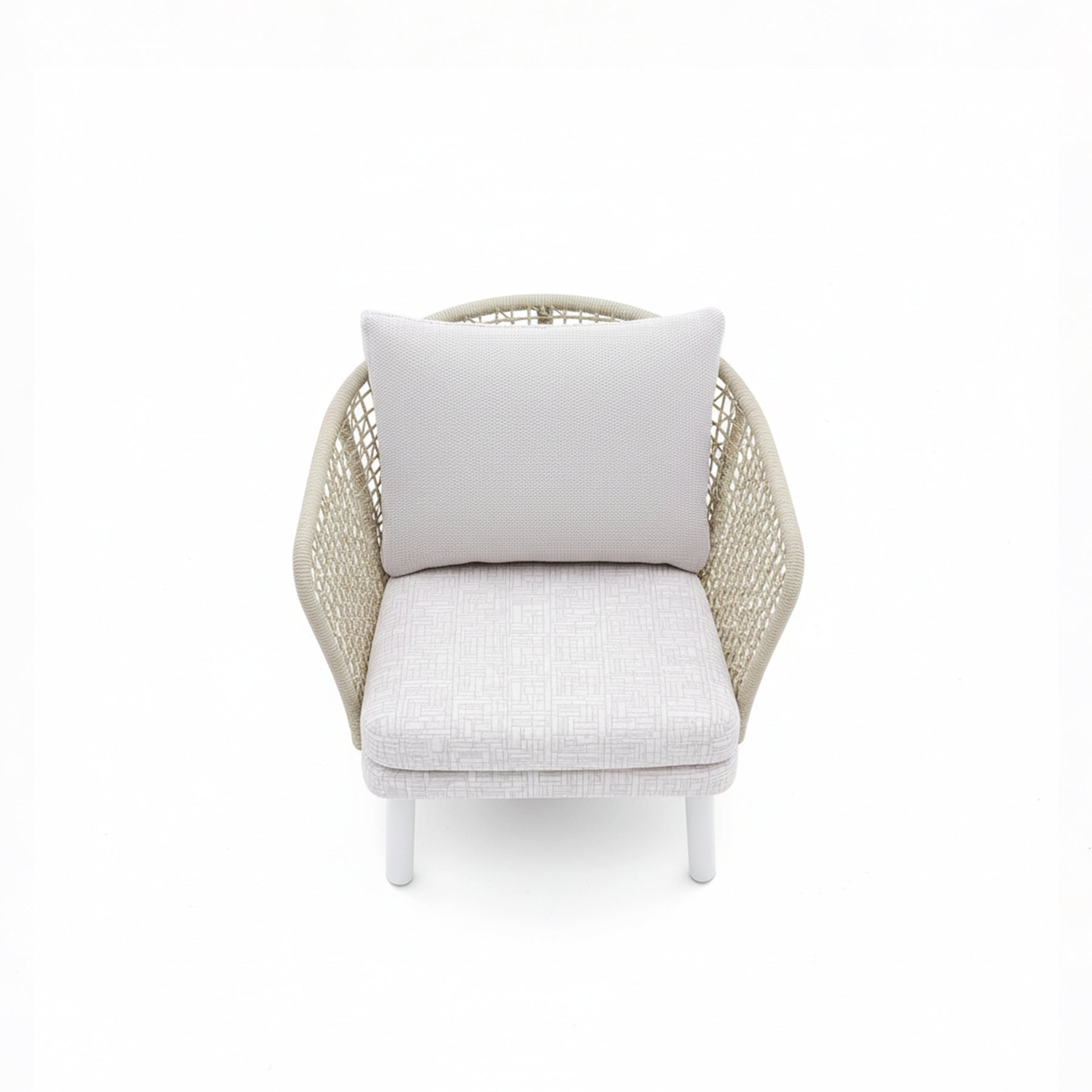 EMMA_ARMCHAIR Wicker chair with a cushion and pillow on a white background