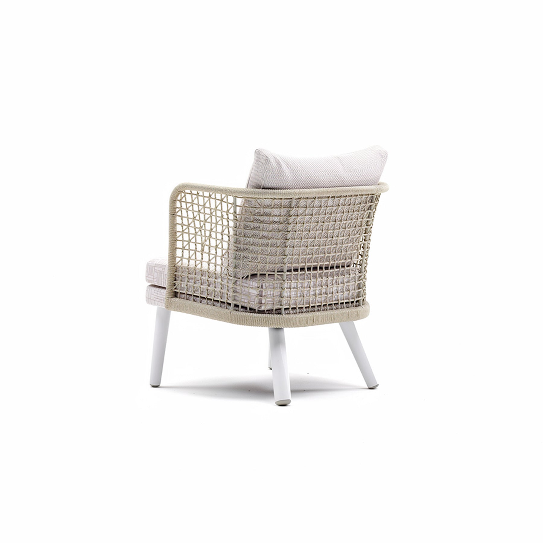 EMMA_ARMCHAIR Wicker chair with white cushion on a white background