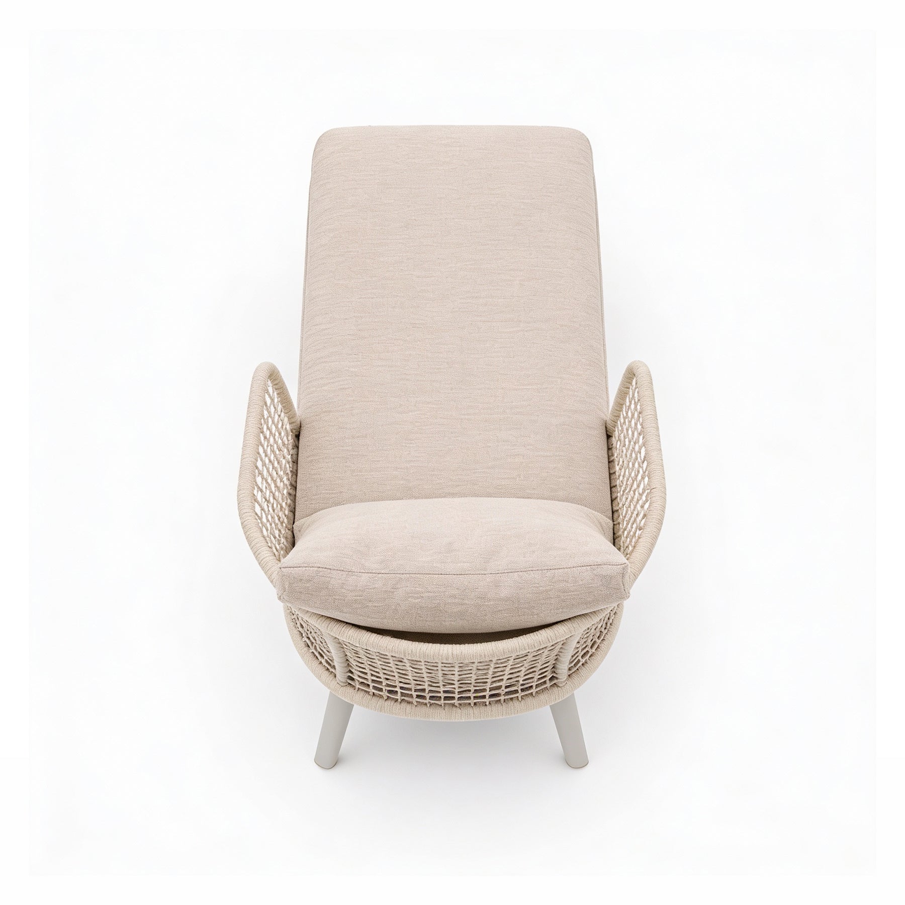 EMMA_ARMCHAIR Beige armchair with woven design on a white background