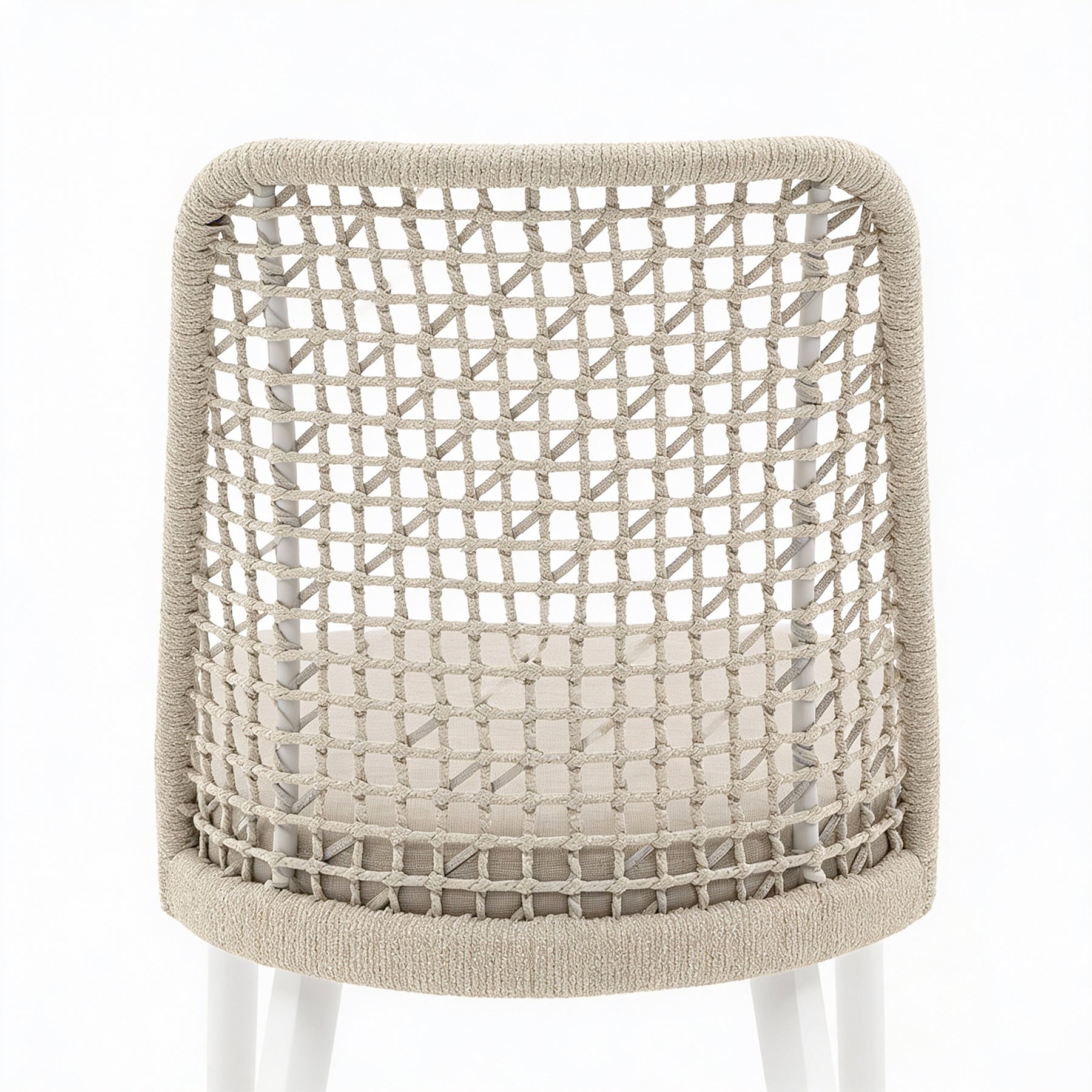 EMMA_CHAIR Beige woven chair with white legs on a white background