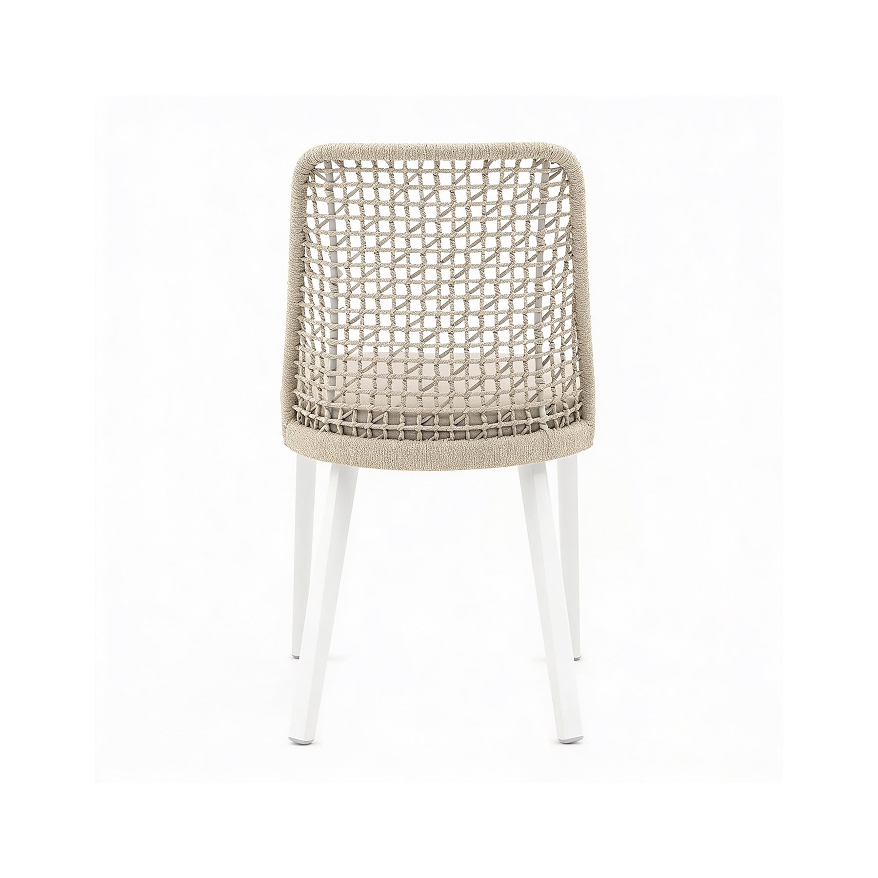 EMMA_CHAIR Chair with woven backrest and white legs on a white background