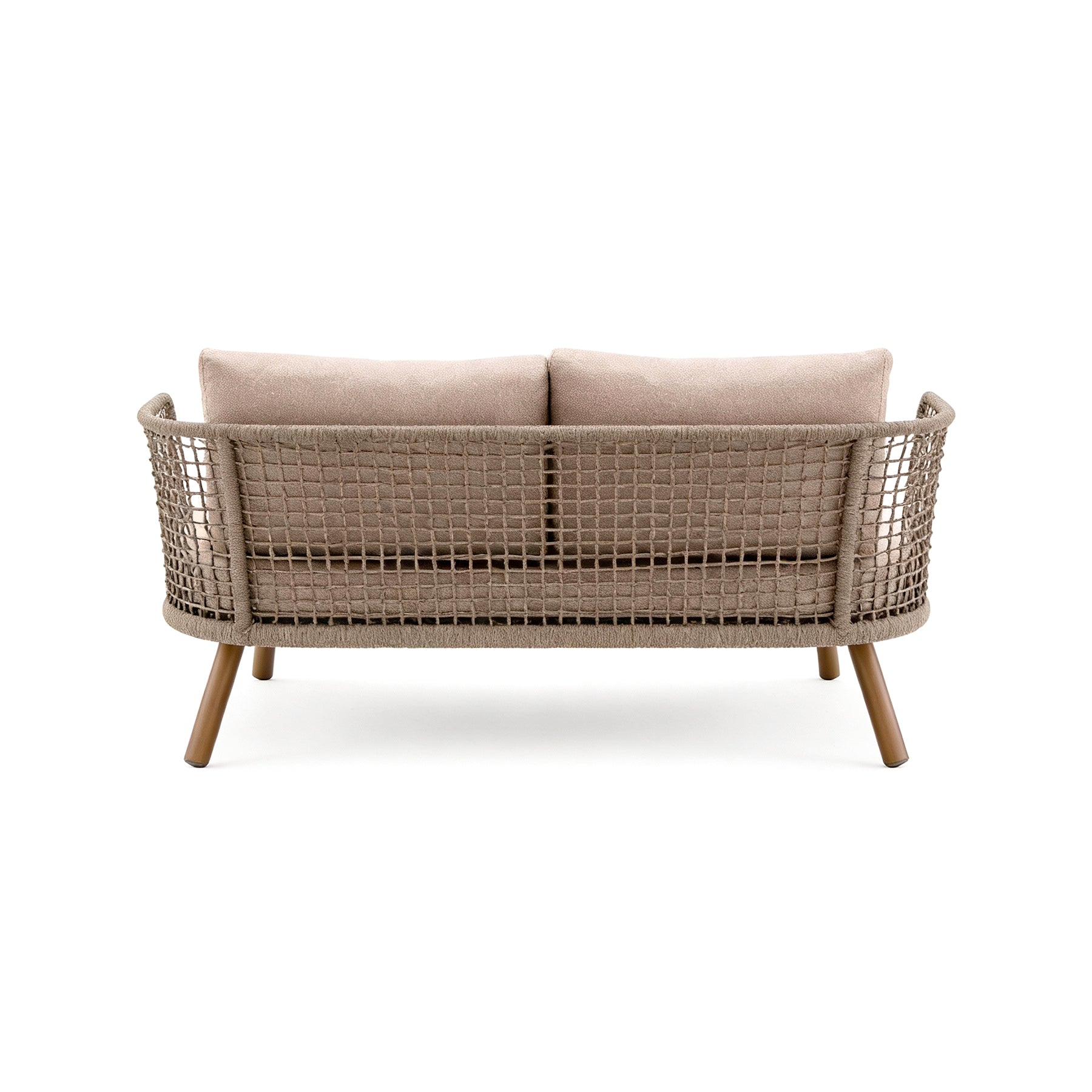 EMMA_COMPACT Wicker outdoor sofa with beige cushions on a white background