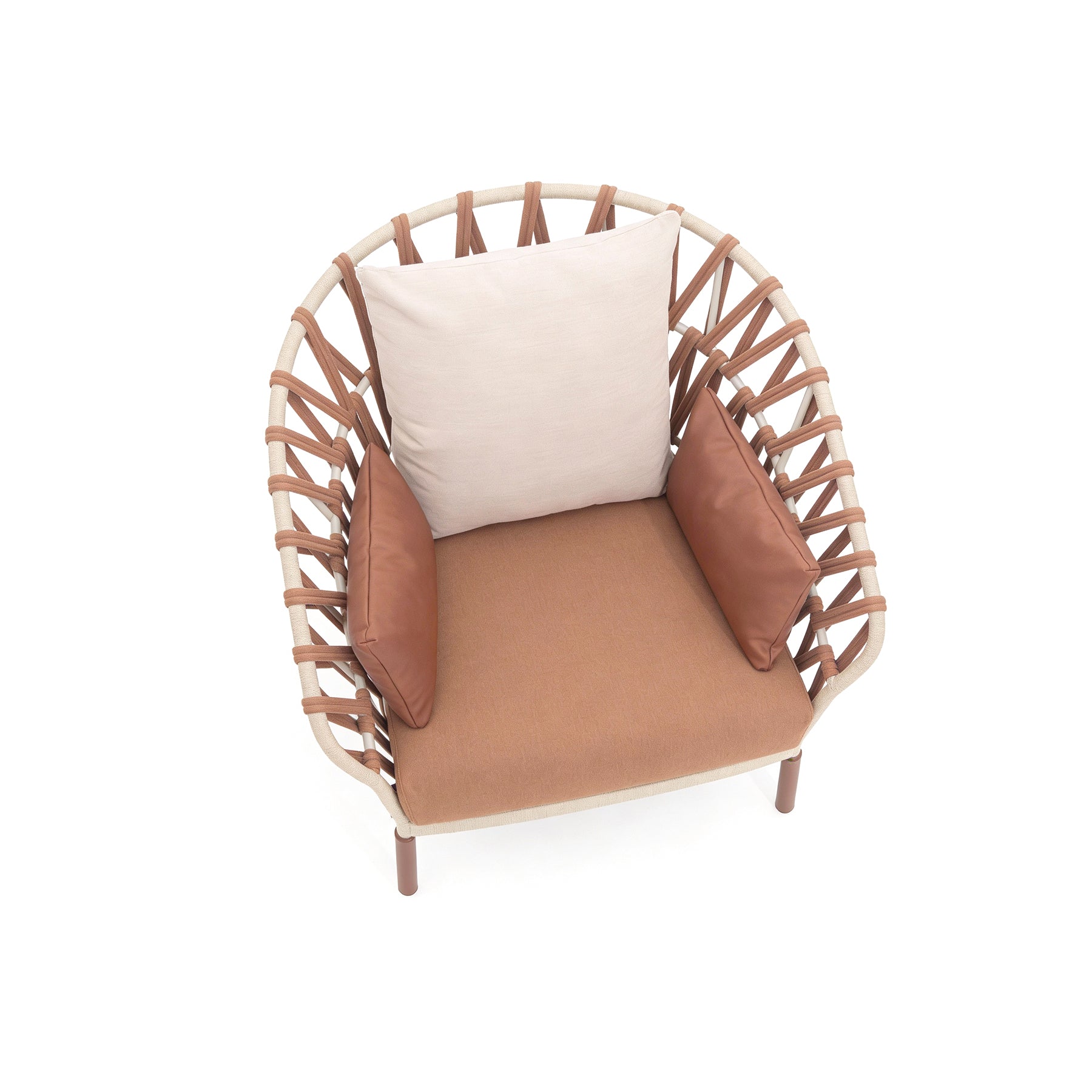 Modern chair with woven backrest and brown cushions on a white background