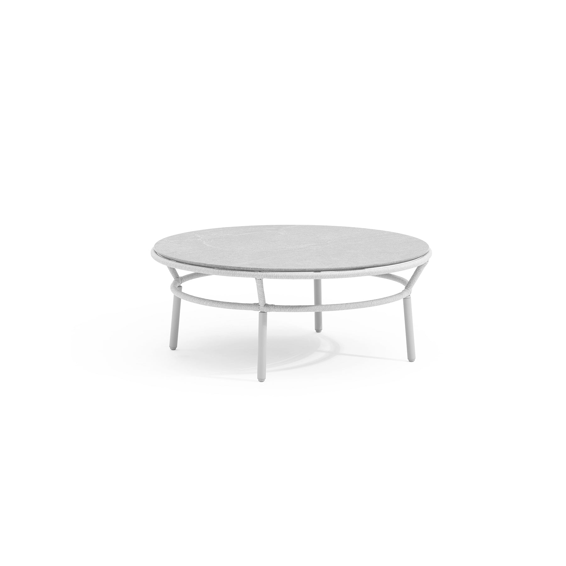 Round coffee table with a white marble top and metal frame on a white background