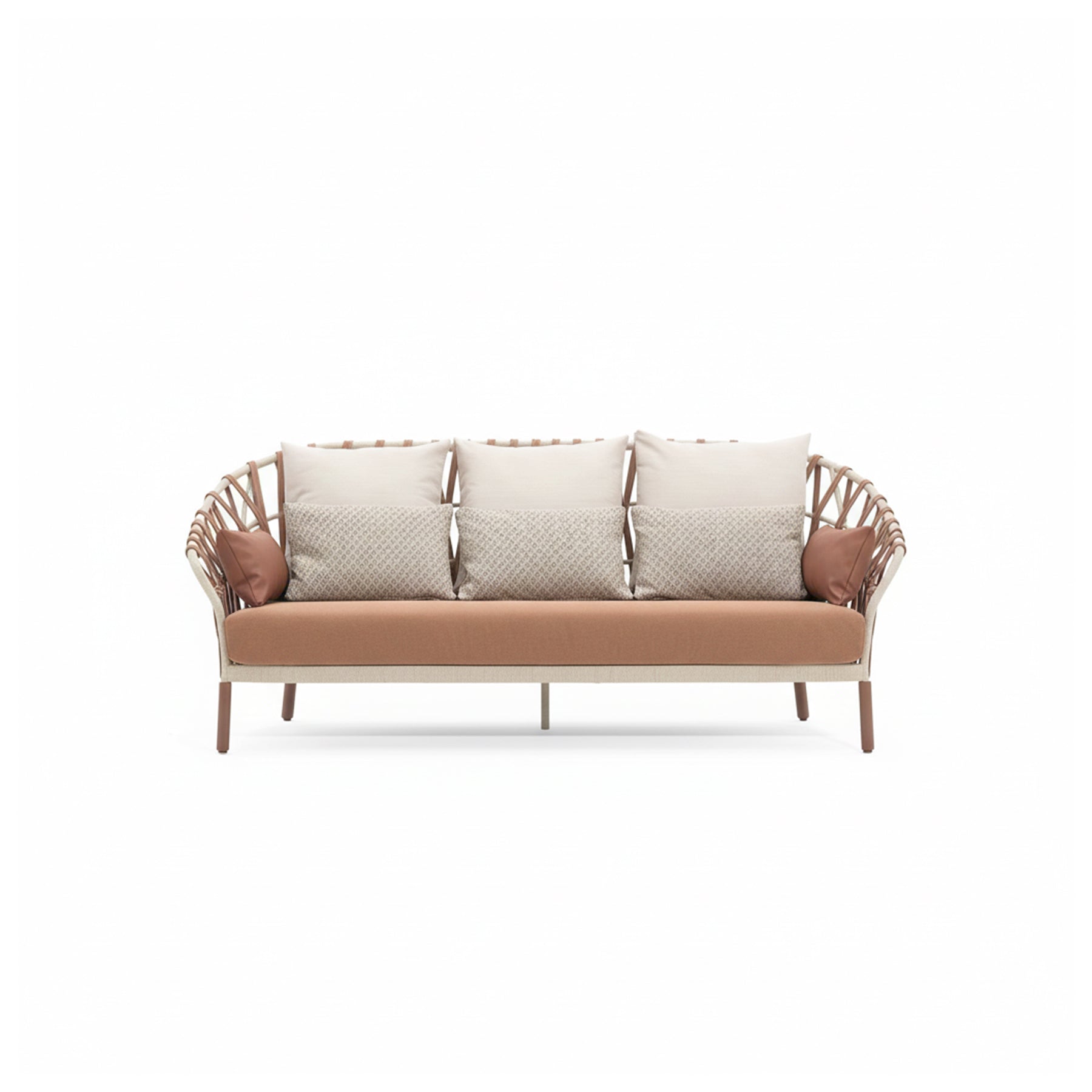 Sofa with woven backrest and beige cushions on a white background