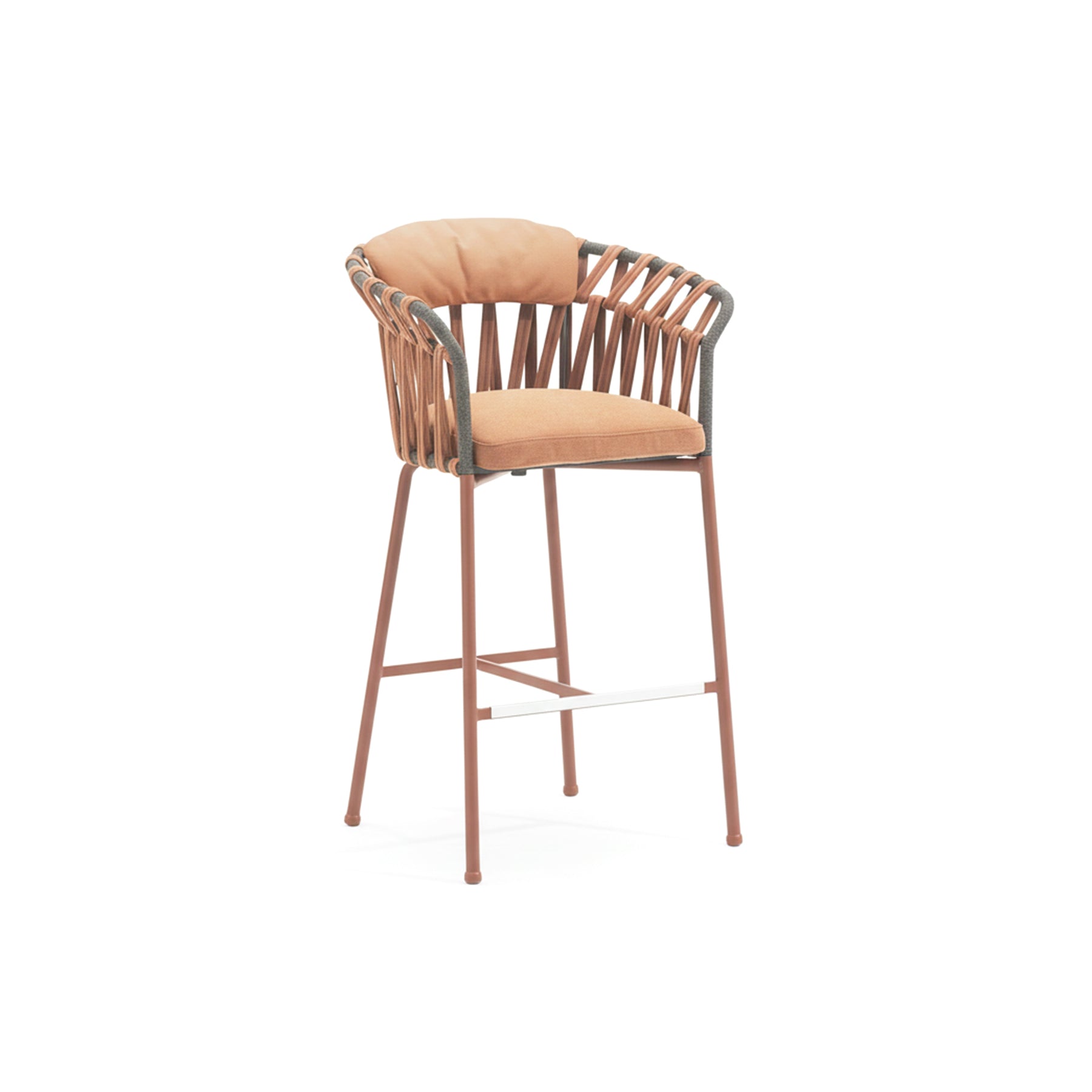 Bar stool with woven backrest and cushioned seat on a white background