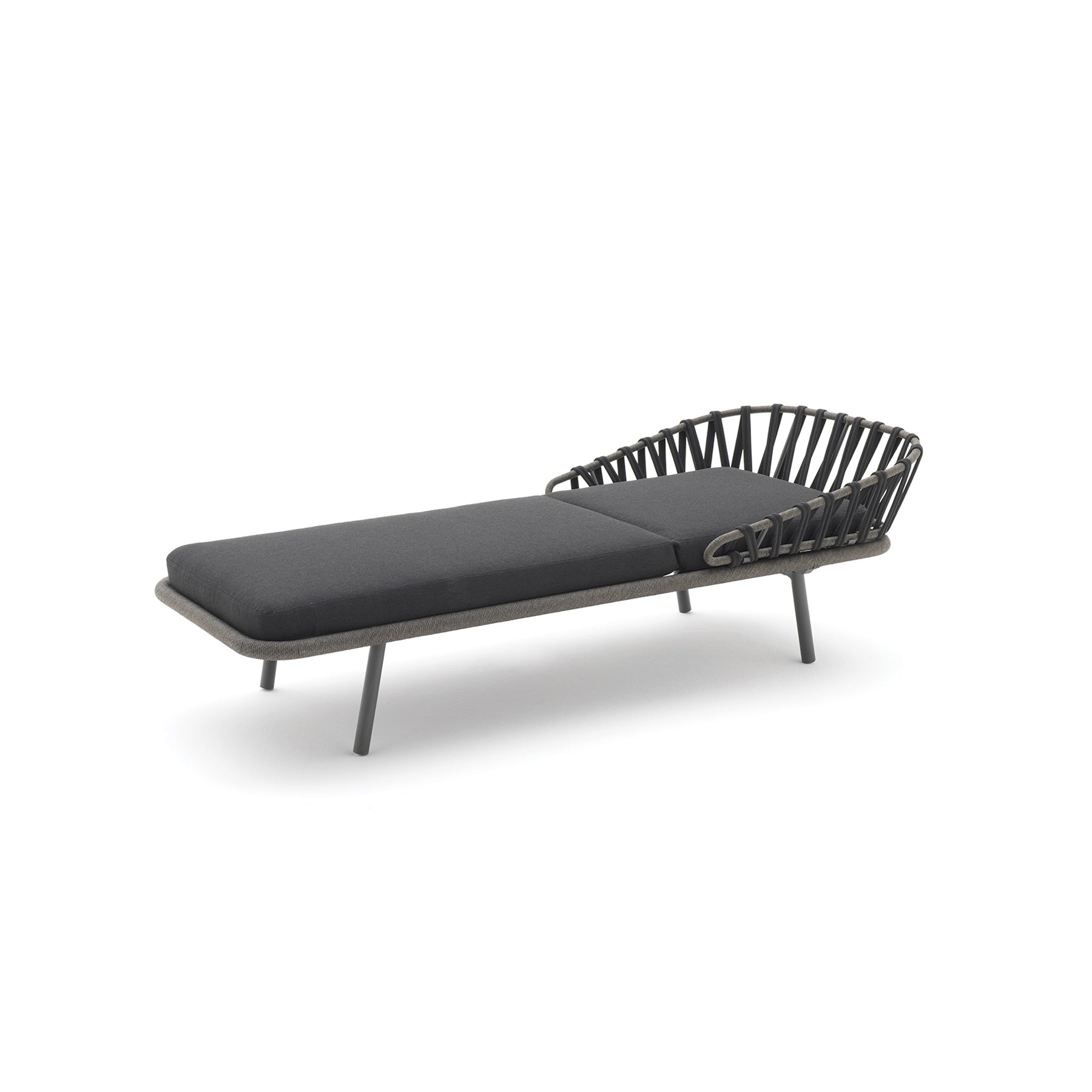 Modern outdoor lounge chair with black cushion on a white background