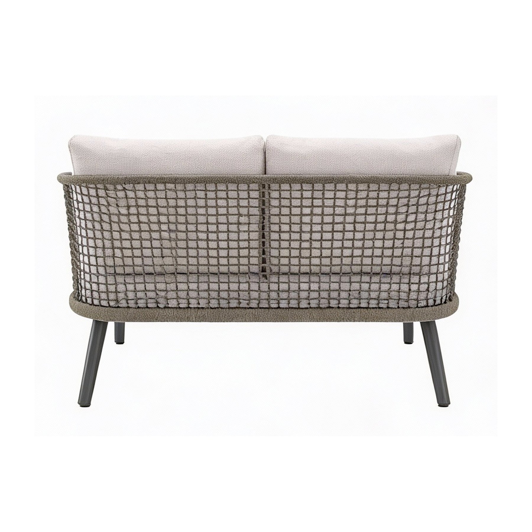 EMMA_DAYBED Outdoor sofa with wicker frame and white cushions on a white background