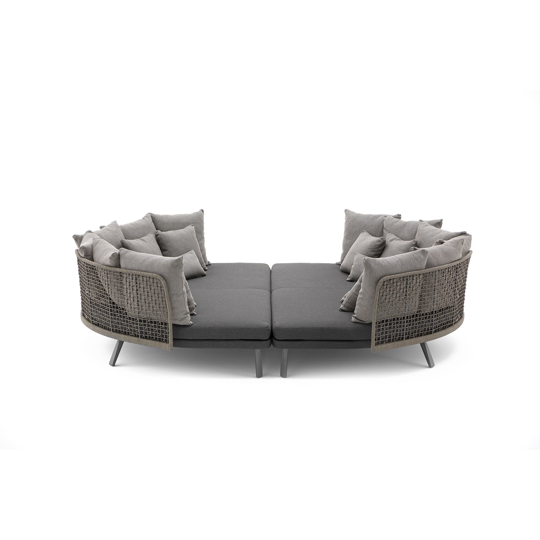 EMMA_DAYBED Modern outdoor sofa with wicker frame and gray cushions on a white background