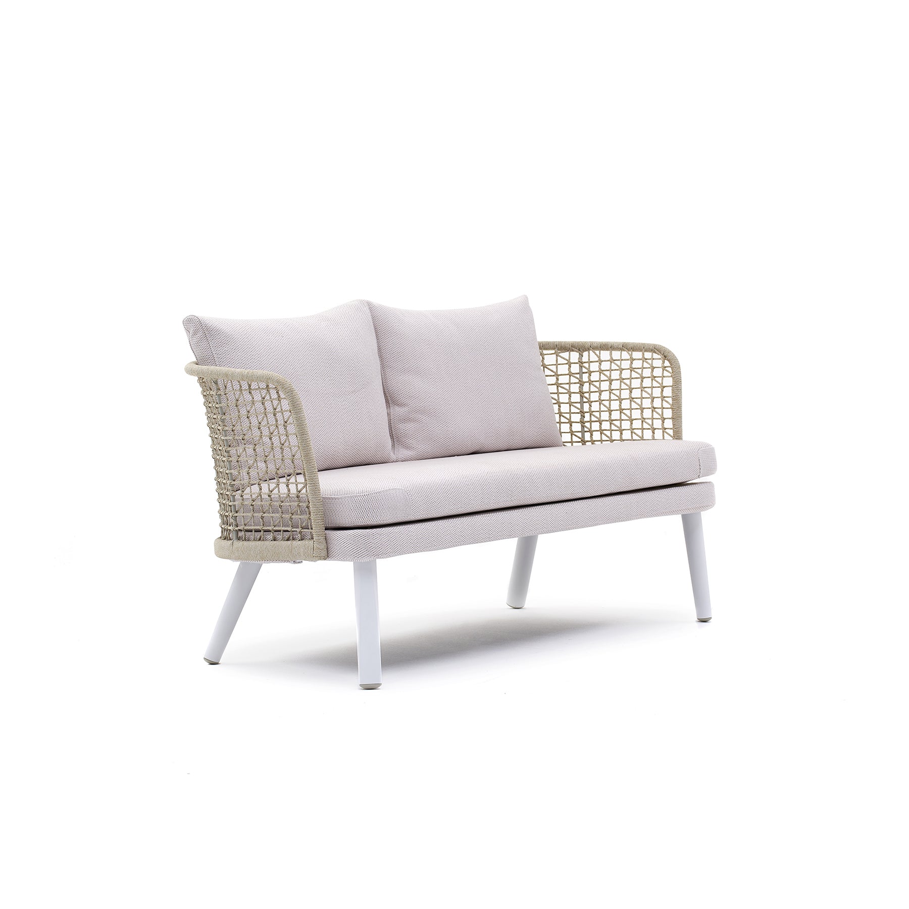Emma Sofa Modern outdoor sofa with wicker backrest and white cushions on a white background