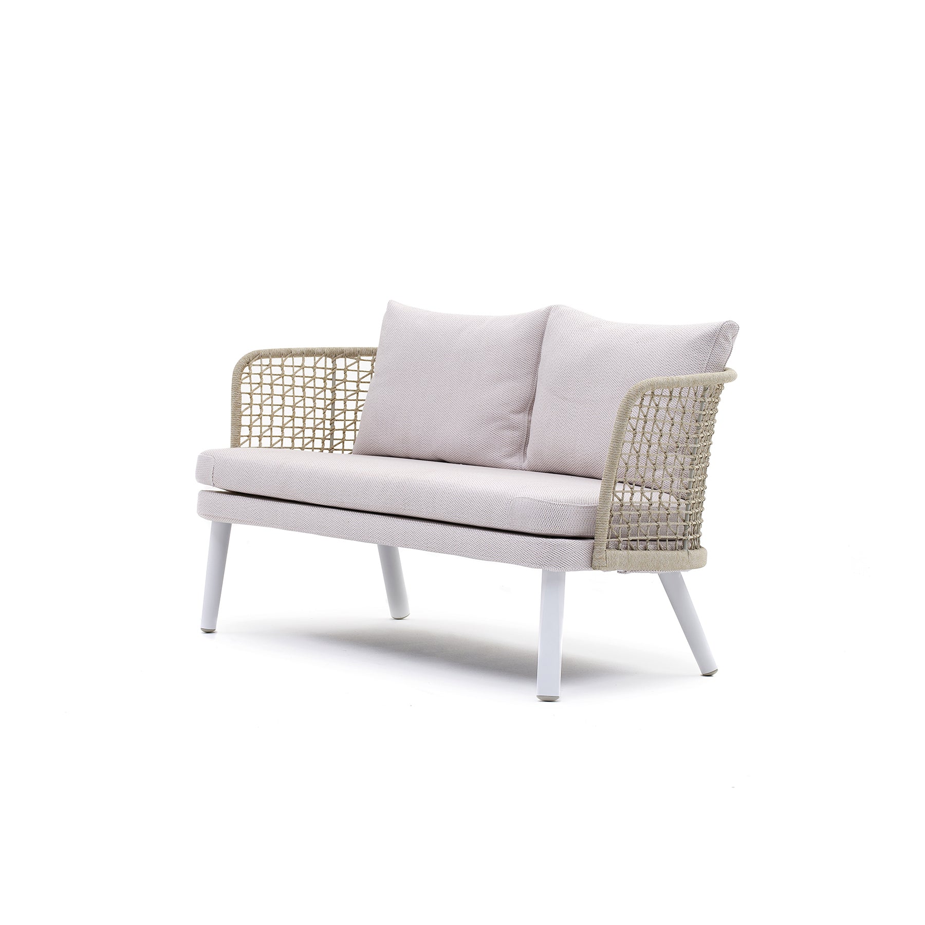 Emma Sofa Modern outdoor sofa with wicker frame and light cushions on a white background
