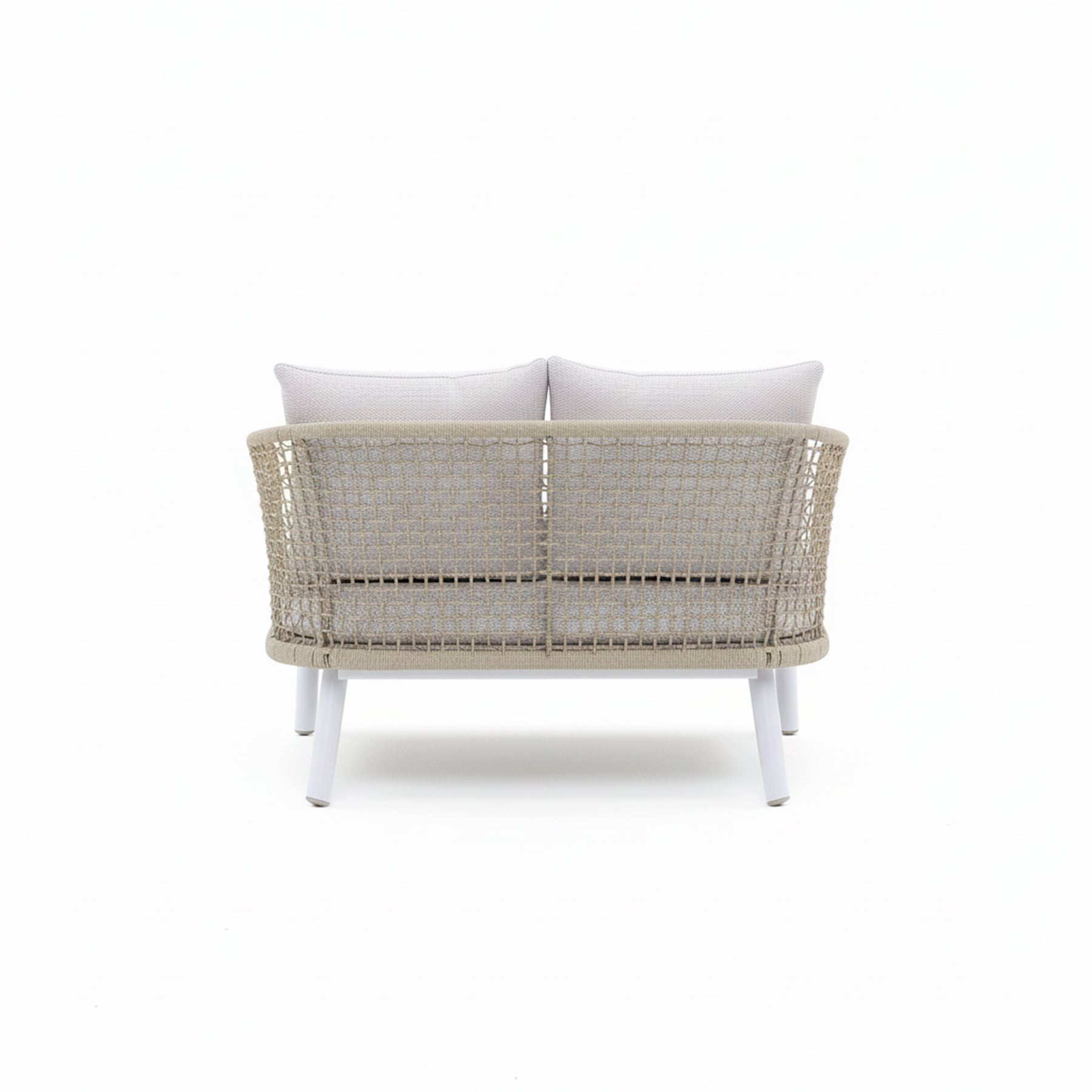 Emma Sofa Wicker outdoor sofa with white cushions on a white background