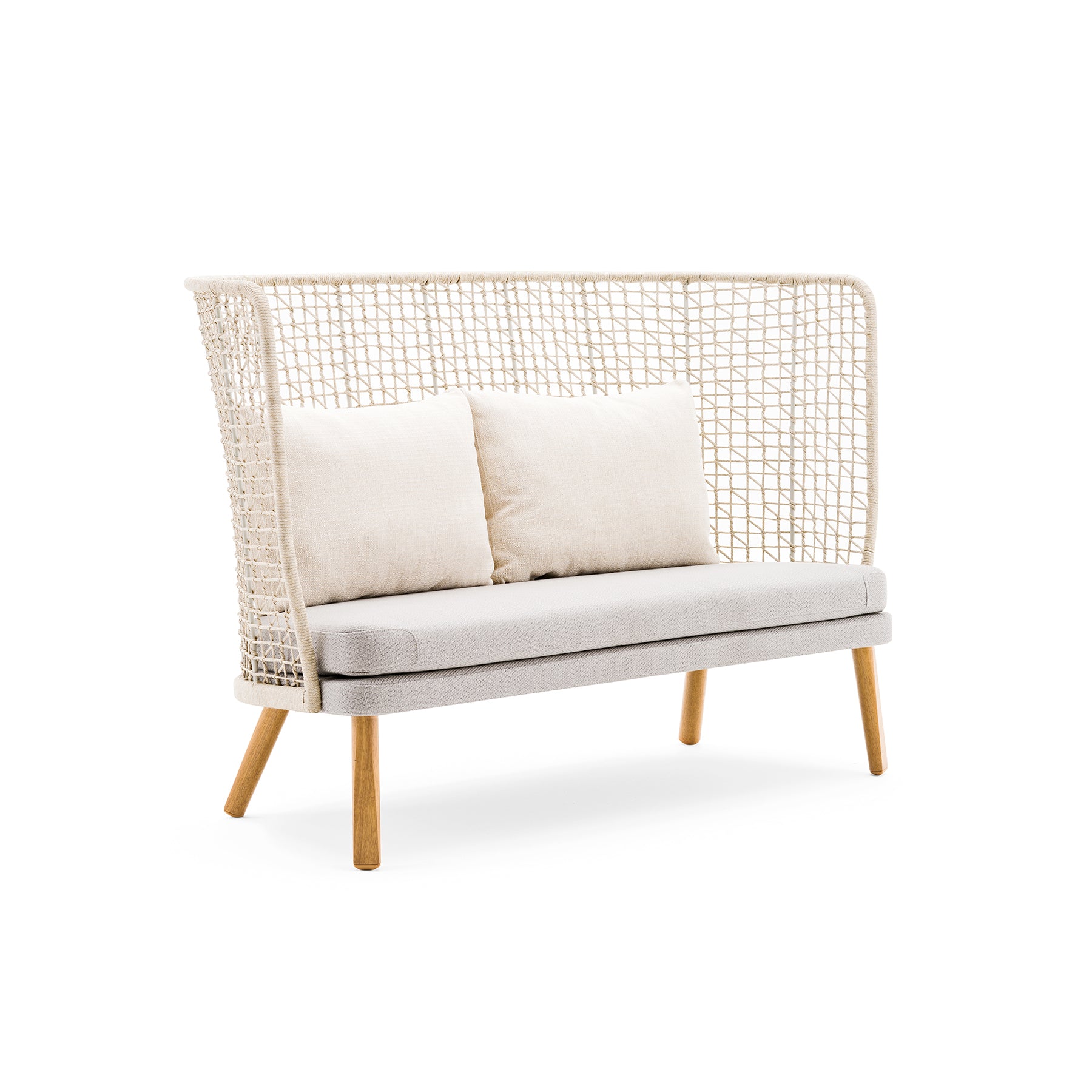 Woven outdoor sofa with wooden legs and white cushions on a white background
