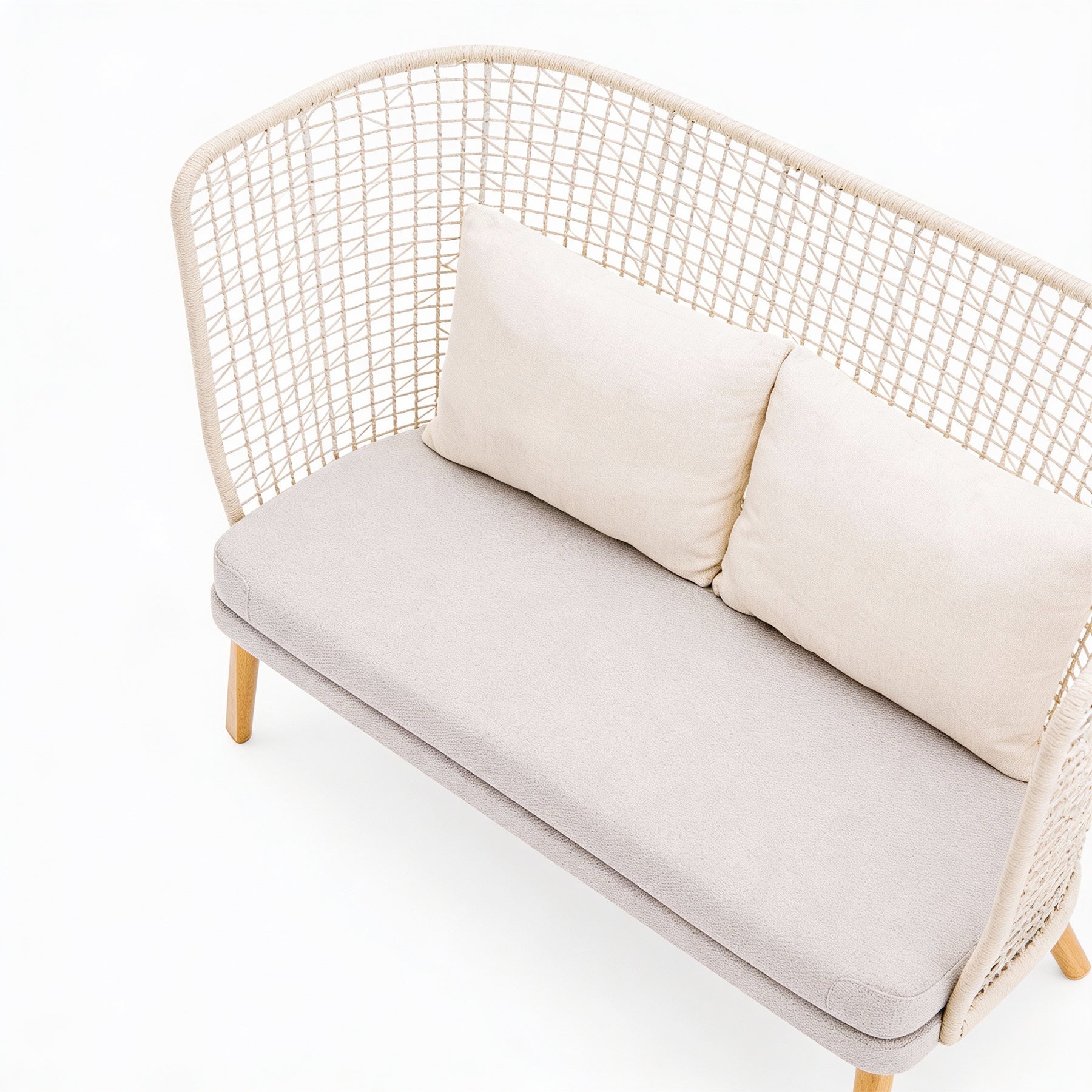 Small sofa with wireframe backrest and cushions on a white background