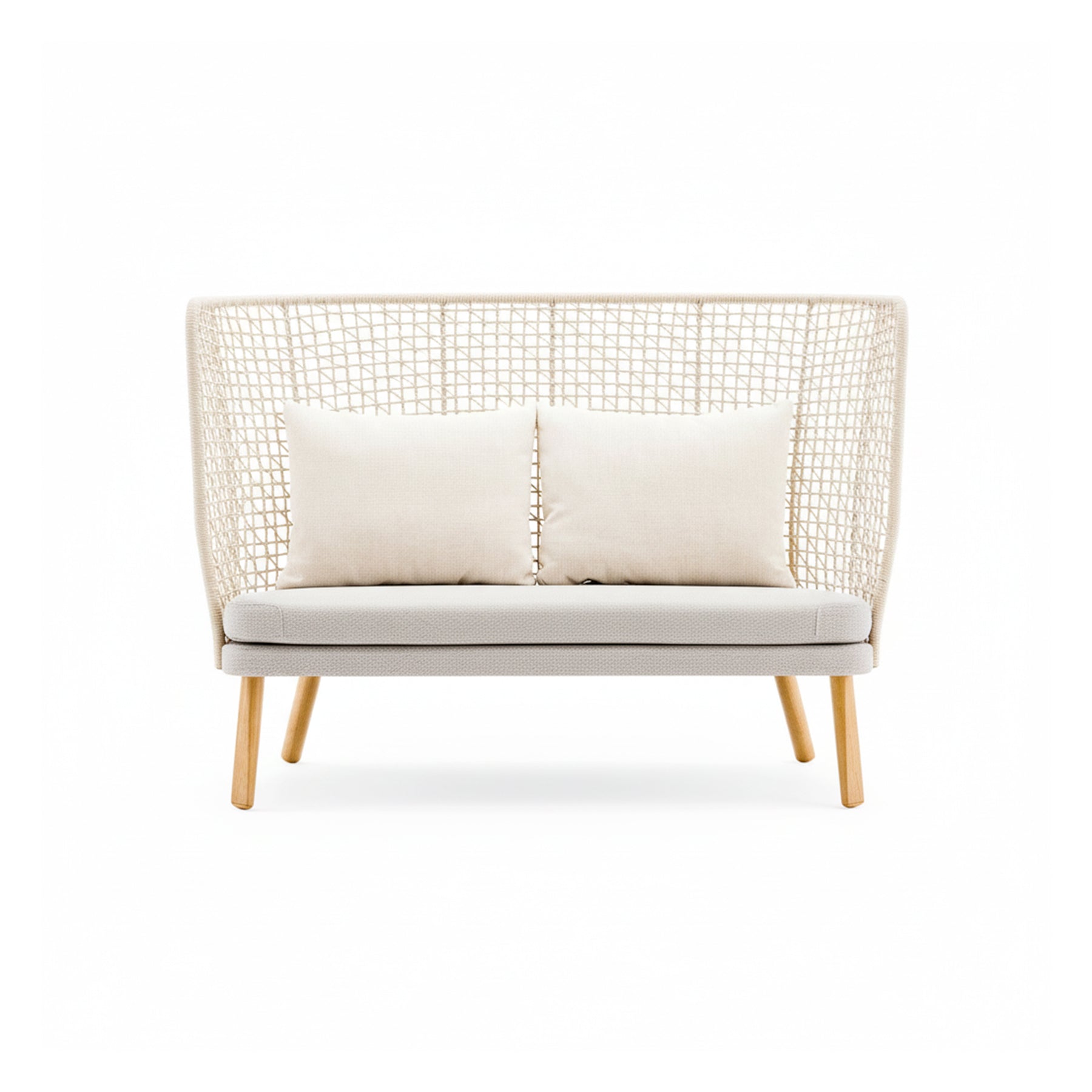 Modern sofa with wireframe backrest and wooden legs on a white background