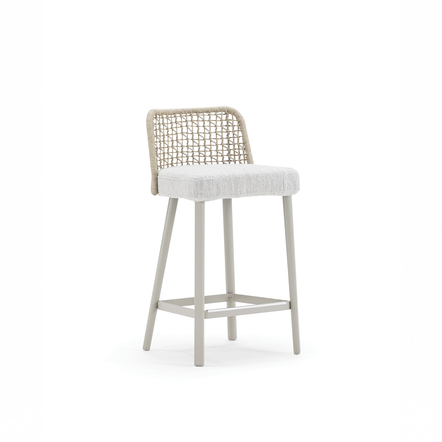 EMMA_STOOL Bar stool with woven backrest and cushioned seat on a white background