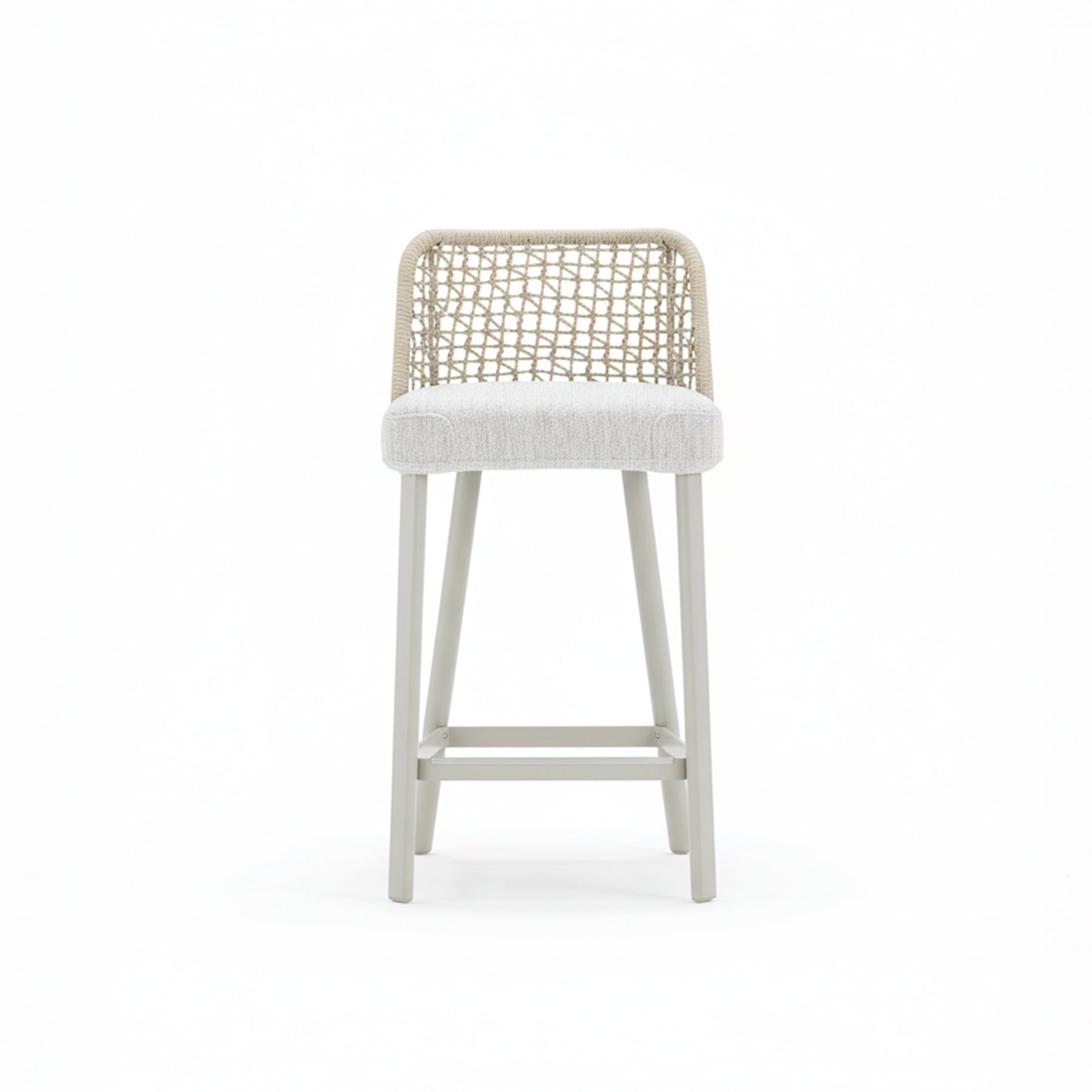 EMMA_STOOL Bar stool with woven backrest and cushioned seat on a white background